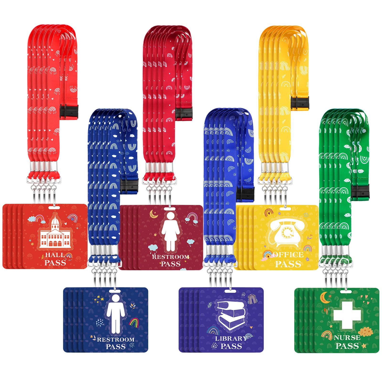 Kosiz 24 Pcs Hall Pass Lanyards and School Passes Set Unbreakable PVC Colored Bathroom Restroom Library Nurse Room Office Passes for Student Teacher School Supply(Rainbow)