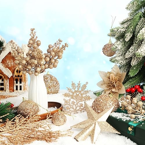 Miniatura 5 de Juego de 68 adornos para árbol de Navidad con purpurina inastillable, adornos de bola de árbol de Navidad, flores de nochebuena con alambre, adorno