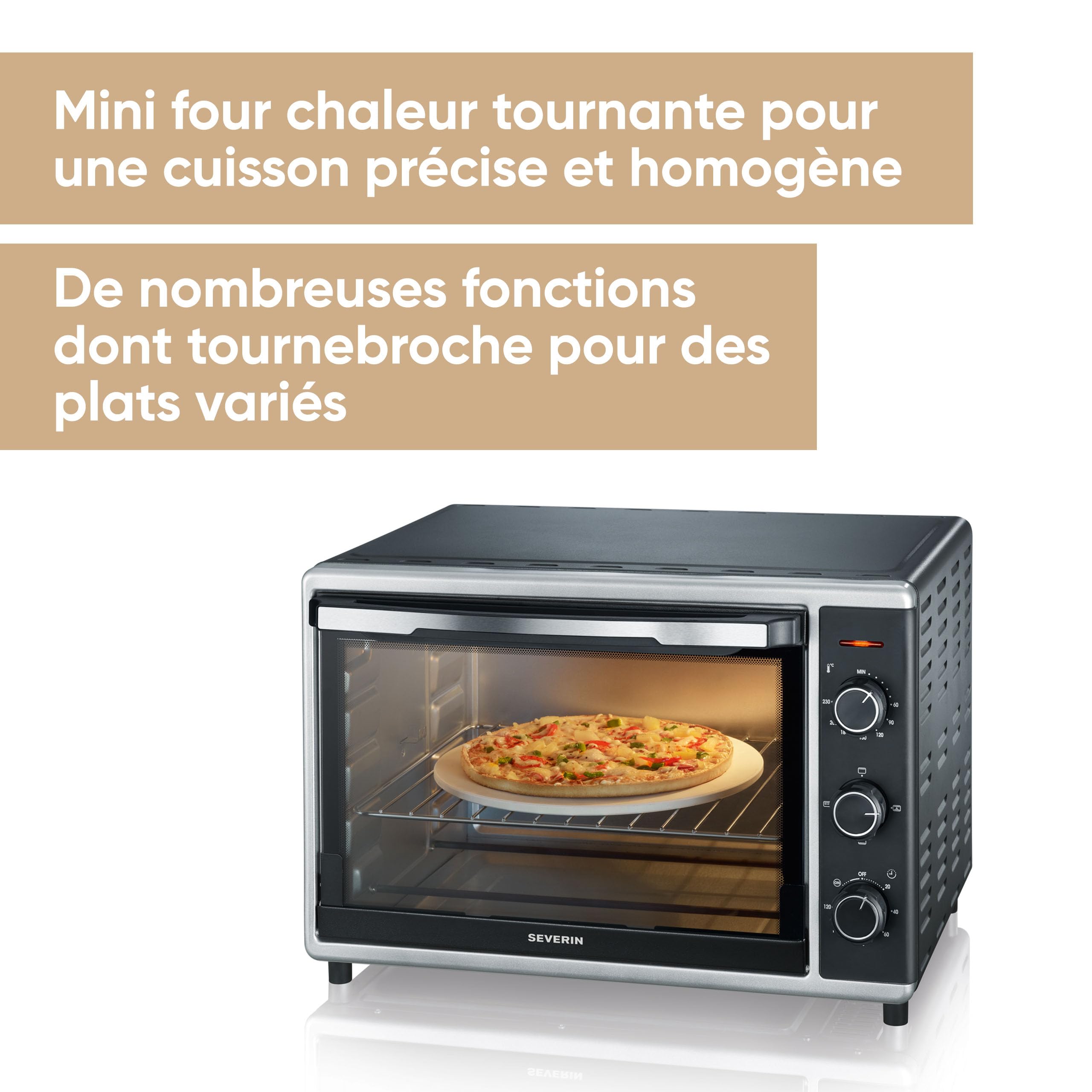 SEVERIN Mini-Four à chaleur tournante 42 L avec pierre à pizza et tournebroche, Four posable 1 800 W design élégant, électrique avec minuteur 120 min, Noir/Inox, TO 2058