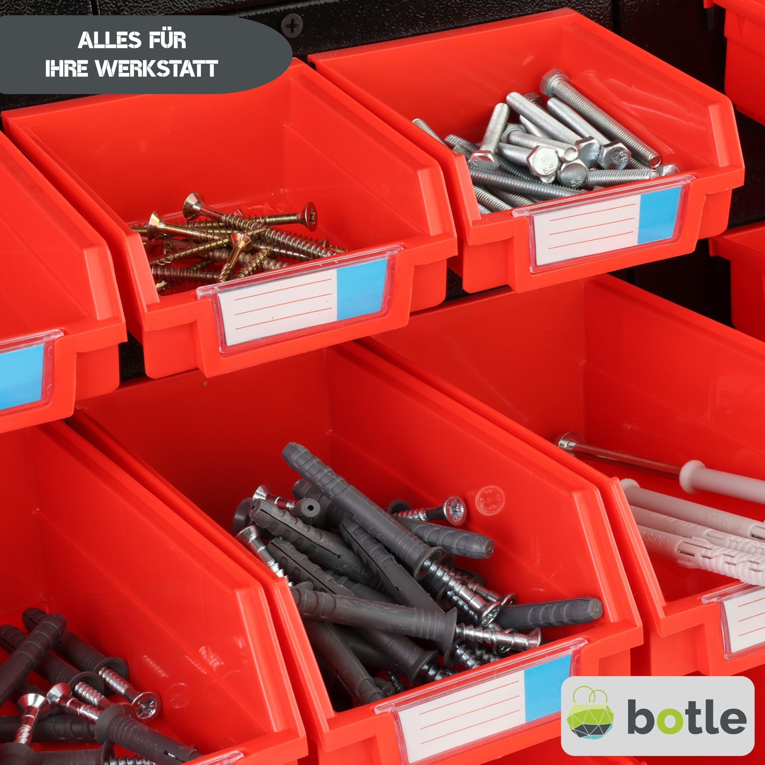 botle® Werkzeugwand Lochwand aus Metall, Stapelboxen + Wandregal + Werkzeughalter 57-tlg Set, Kleinteilelager, Wandwerkstatt mit 30 stapelbaren Rot Behältern, Hängeregal Sortierregal