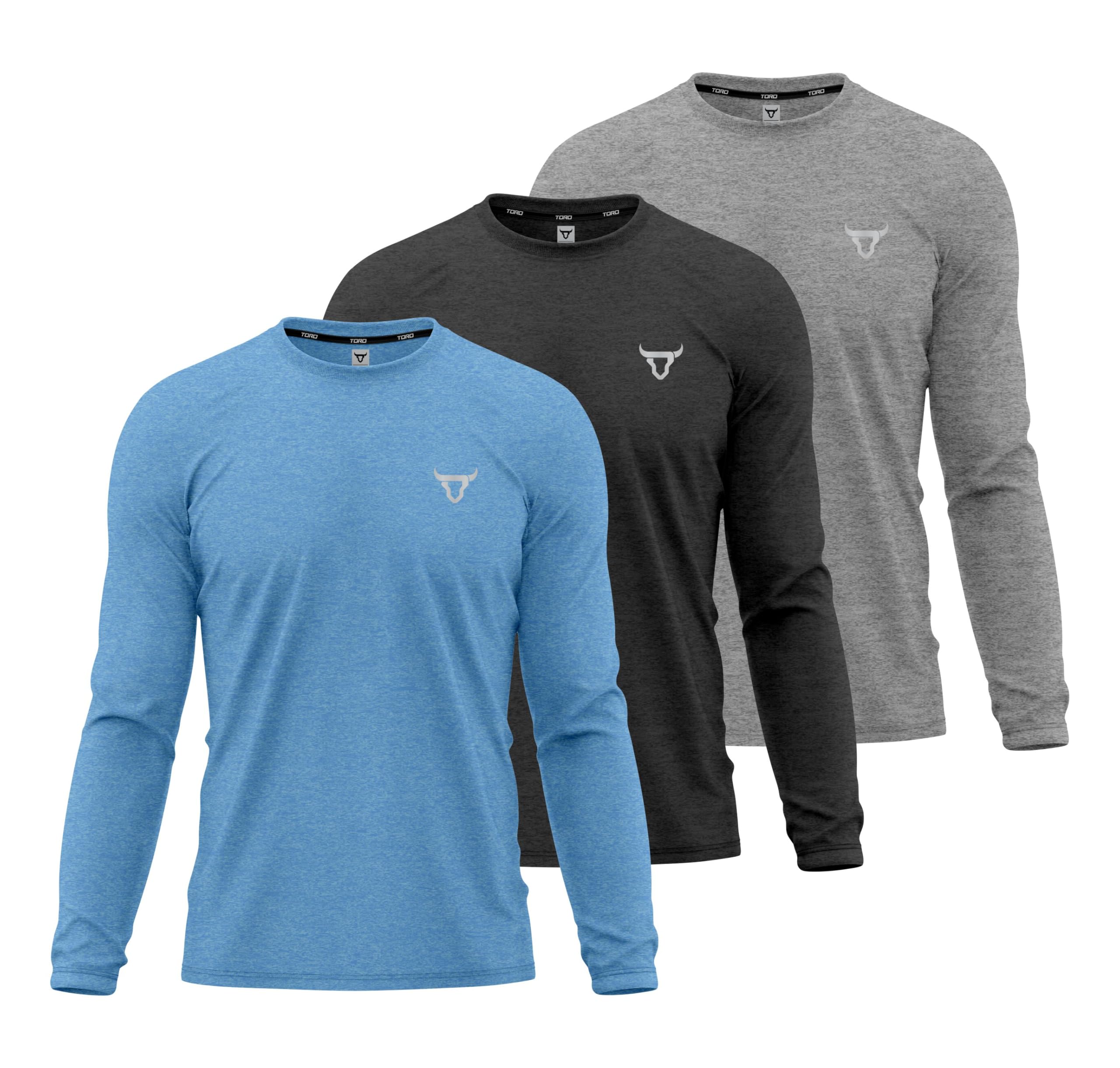 TORO ACTIVA Paquete de 3 camisetas para hombre, ligeras, de secado rápido, suaves, absorben la humedad, atléticas, lisas, de manga completa, para entrenamiento