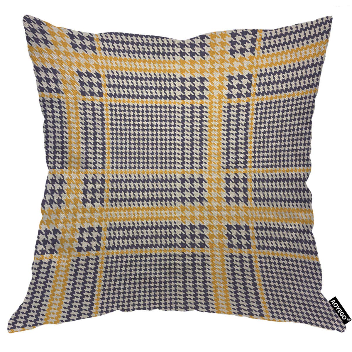 AOYEGO Hounds Tooth Throw Pillow Cover Geometric Glen Plaid Glenurquhart Navy Blue and Dull Yellow Pillow Case 18x18 Inch Decorative Men Women Room