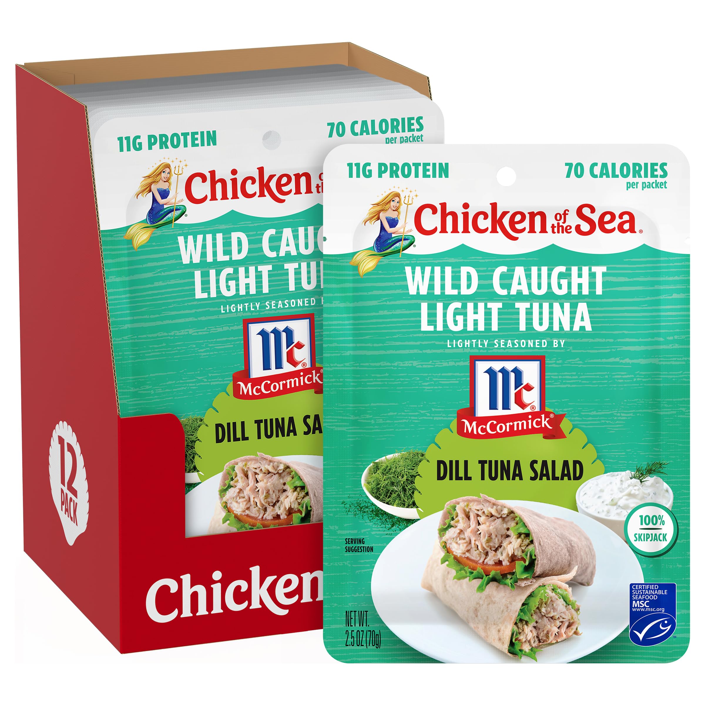 Chicken of the Sea Lightly Seasoned Dill Wild Caught Light Tuna, 2.5 Ounce Packets, 12-Count – McCormick Dill Flavored High Protein Tuna in Water – Delicious, Easy, Nutritious Ready to Eat Meals