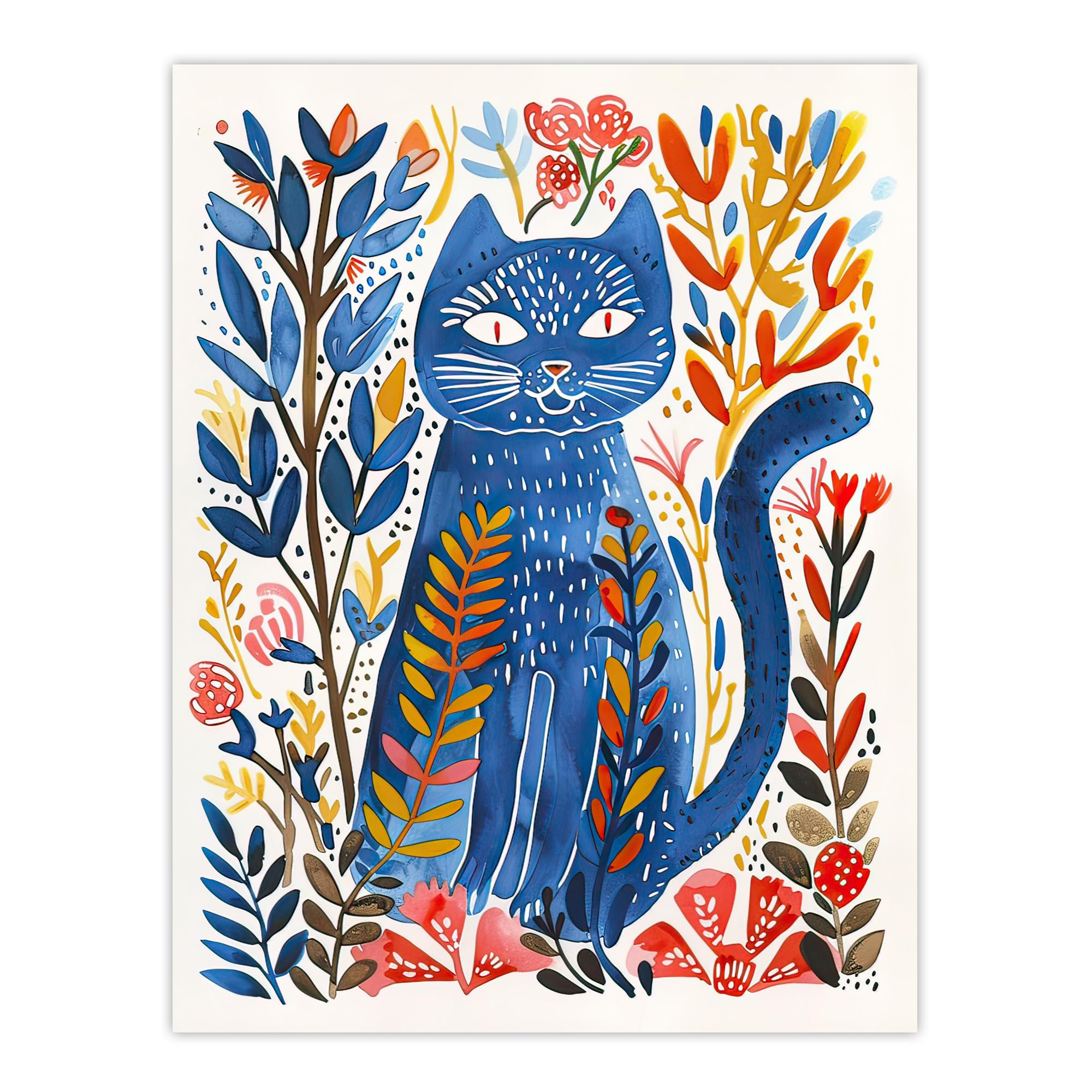 Artery8 Russian Blue Cat Lover Fun Botanical Folk Art Living Room Large Wall Art Poster Print Thick Paper 18X24 Inch
