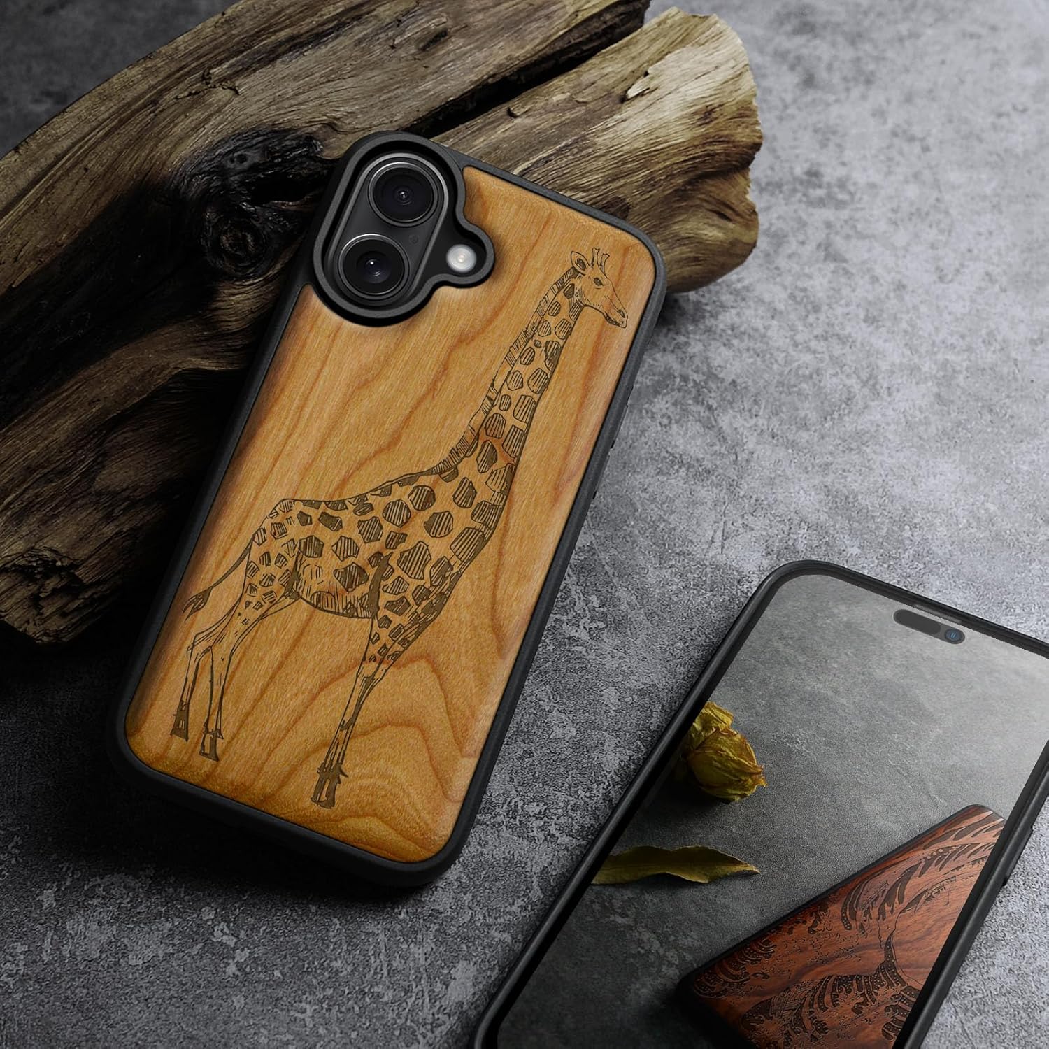 Carveit Magnetic Wooden Case for iPhone 17 Case, Wood Artisan Engraved & Black Soft TPU Shockproof Cover, Compatible with MagSafe Wireless Chargers (Hand-Drawn Giraffe) Cherry