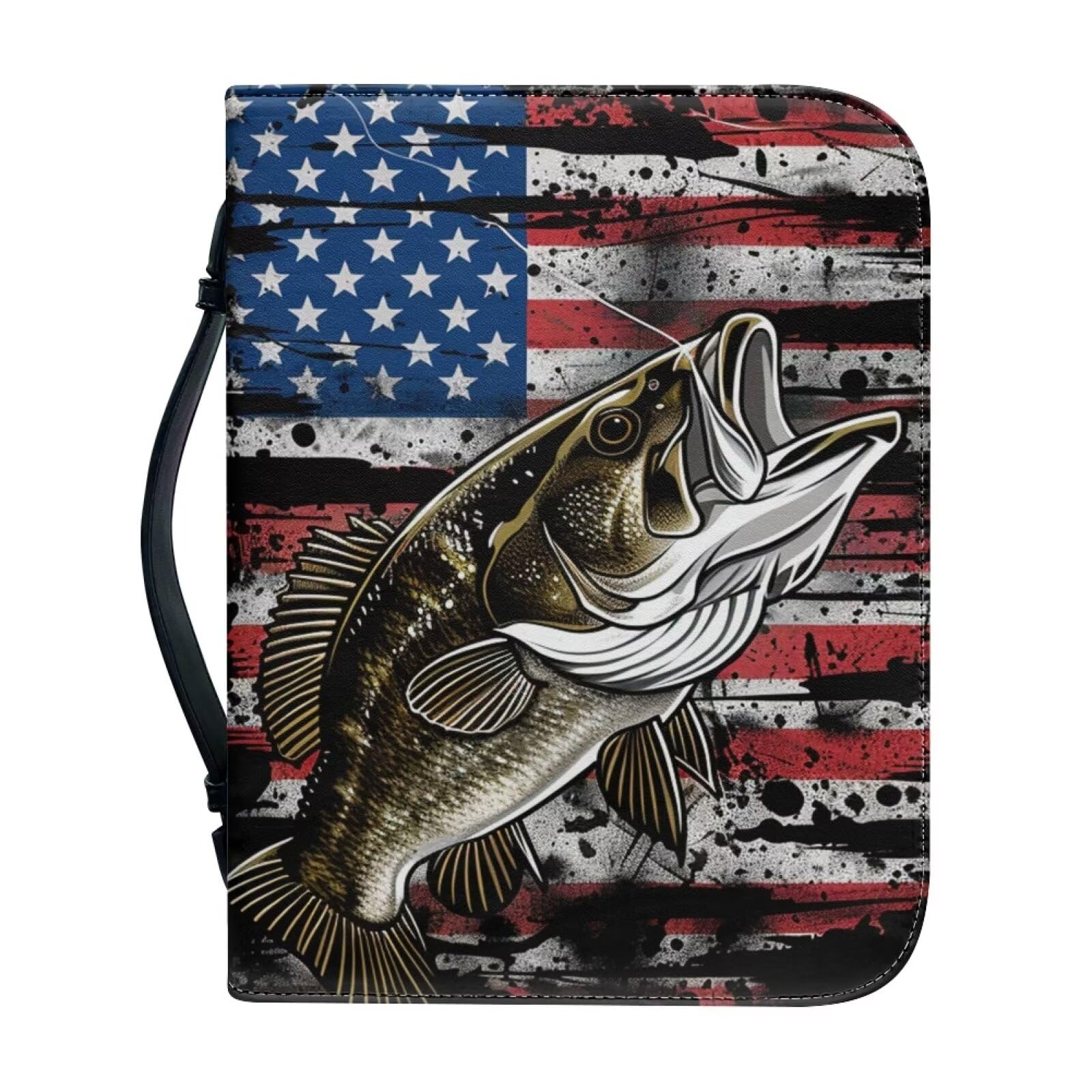 Glomenade American Flag Fish Pattern Bible Cover for Women Men, Bible Case Bag with Top Handle PU Leather Bible Carrying Case for Church