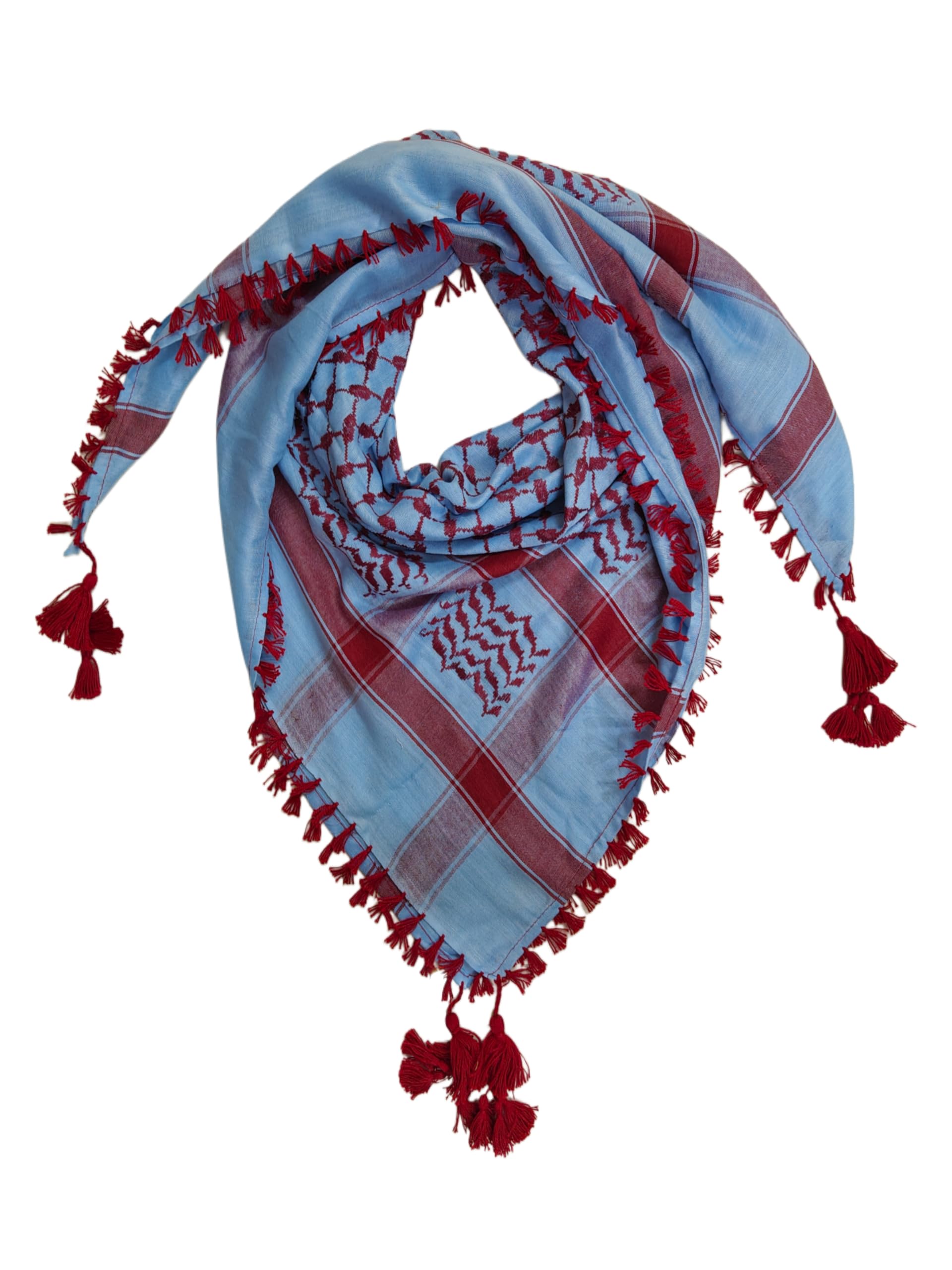 Shemagh Scarf, Blue and Red, Square Shape, Tassel Fringe Detail, Checkered Pattern-image-9