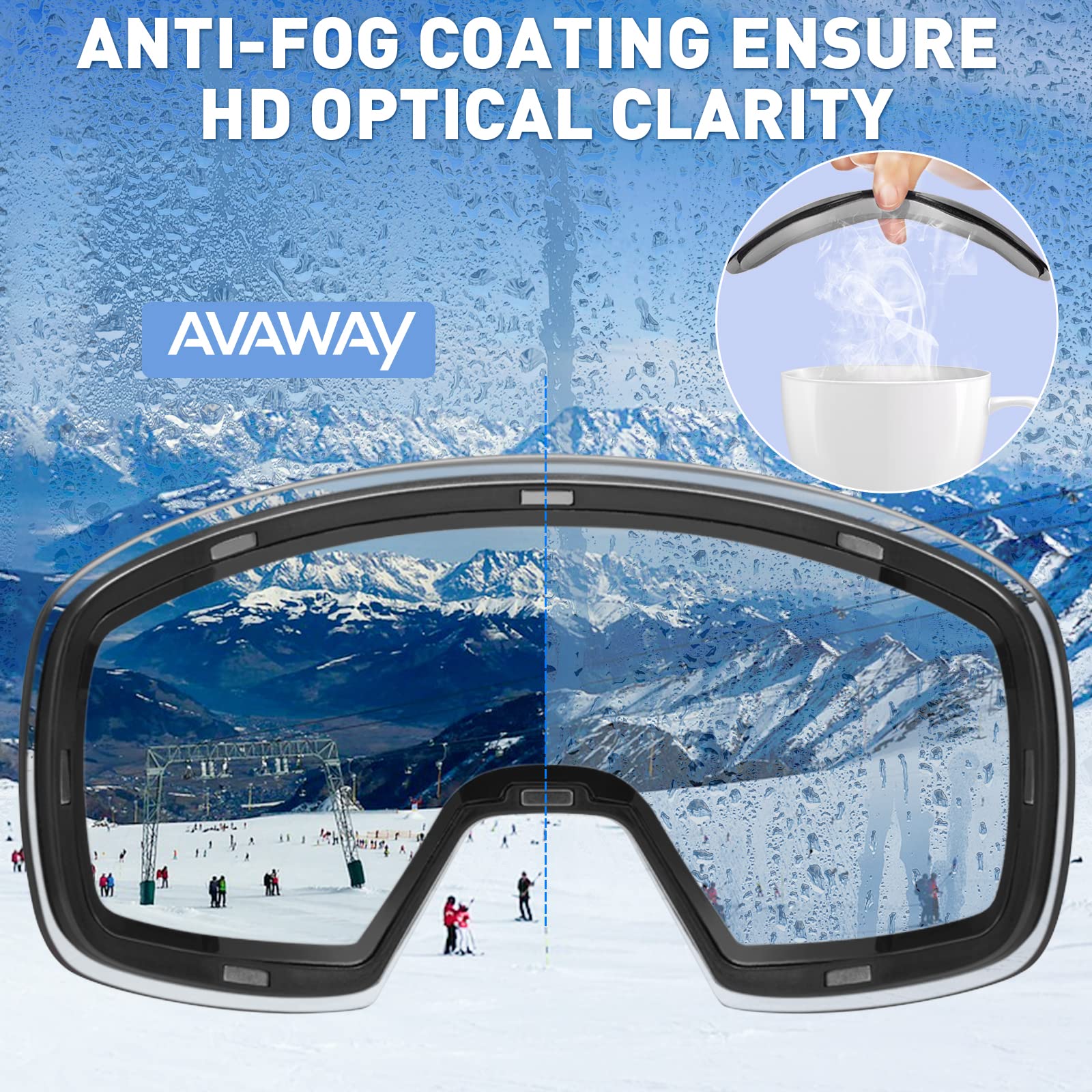 AVAWAY Masque de Ski Homme Femme Lunettes de Lentille Magnétique UV Protection Remplaçable, Résistant à l'eau, au Brouillard et au Vent, Solide et sûr, Ski Snowboard Autres Sports Hiver