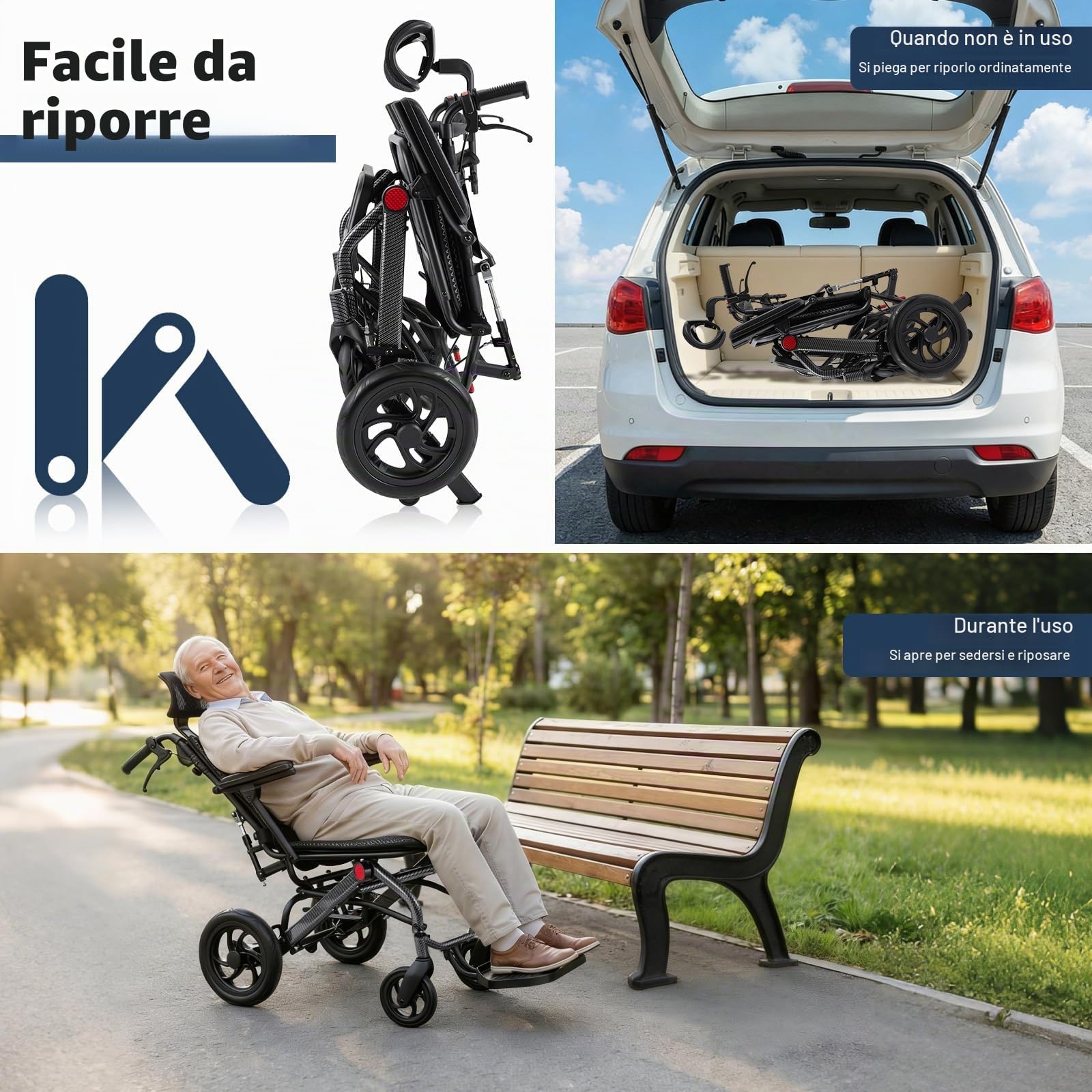 Sedia a rotelle pieghevole in alluminio, portata 130 kg, schienale regolabile da 90 ° a 175°, poggiatesta, braccioli a 360° per anziani