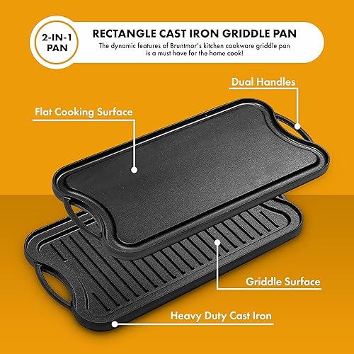 Bruntmor 2-In-1 Cast Iron Skillet Rectangle Roasting Pan With Reversible Griddle Pan - Thumbnail 5