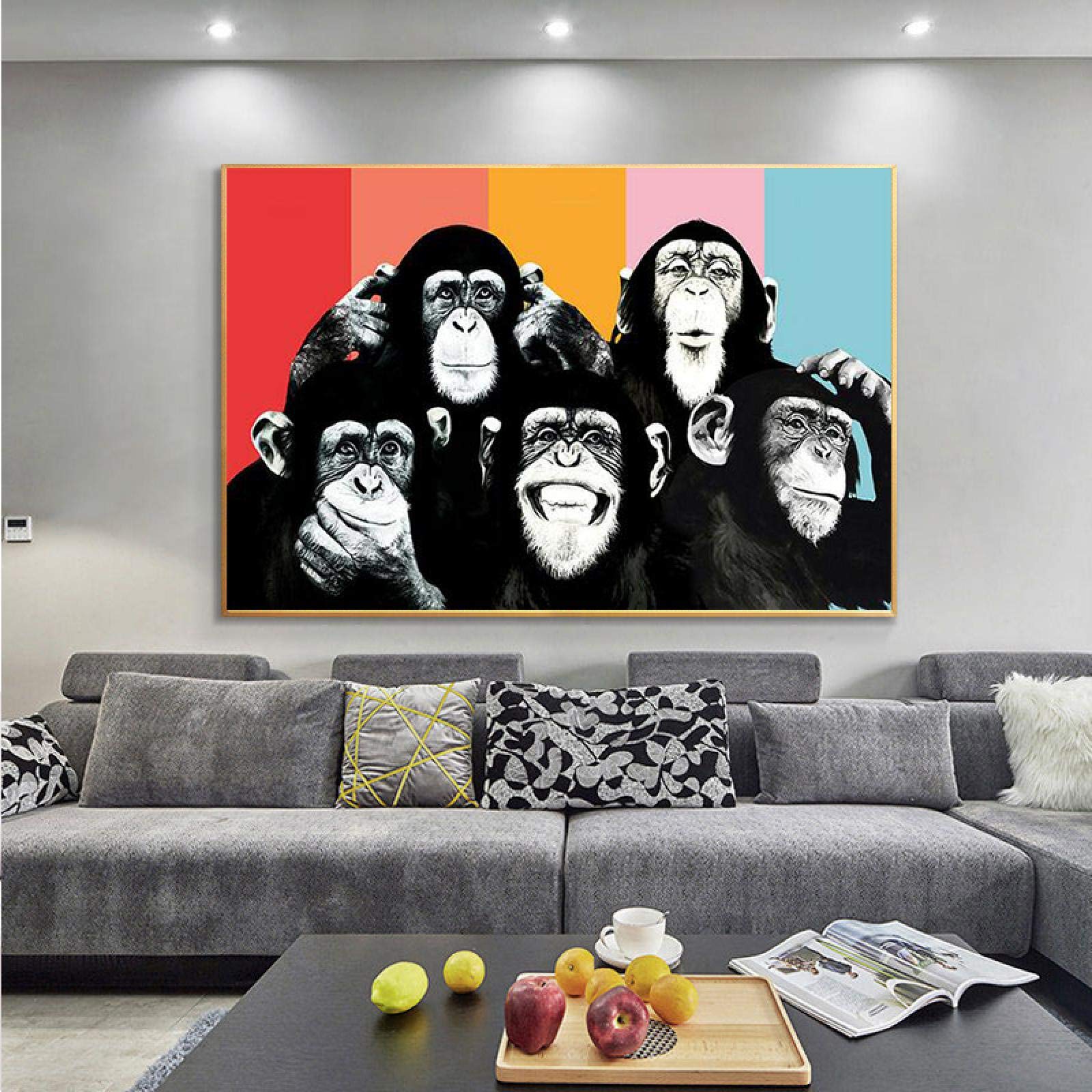 人気定番，品質保証 手書き油絵 5頭の笑う猿 絵画 インテリア 油彩画