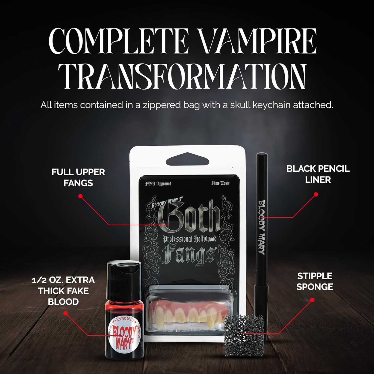 Vampire SFX Makeup Kit - Deluxe Wicked Bite Special Effects Face Makeup with 1/2 Oz. Extra Thick Fake Blood, Black Pencil Liner, Vampire Fangs and Stipple Sponge for Halloween or Stage - Bloody Mary