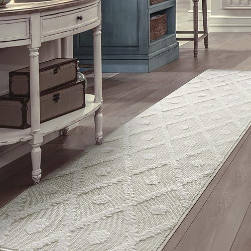 Antep Rugs Palafito - Alfombra de pasillo para interiores con textura geométrica de diamante de pelo alto y bajo (blanco, 2 x 7 pies)