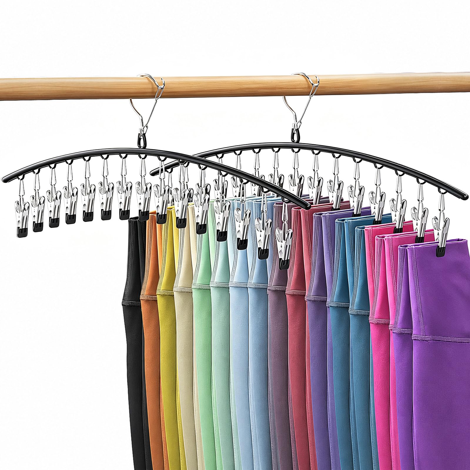 Minicoco 2 Pack Trouser Hangers with Clips Legging Organizer for Closet Non slip Metal Holds 20 Leggings Holders Pants Hangers with Windproof Clasp