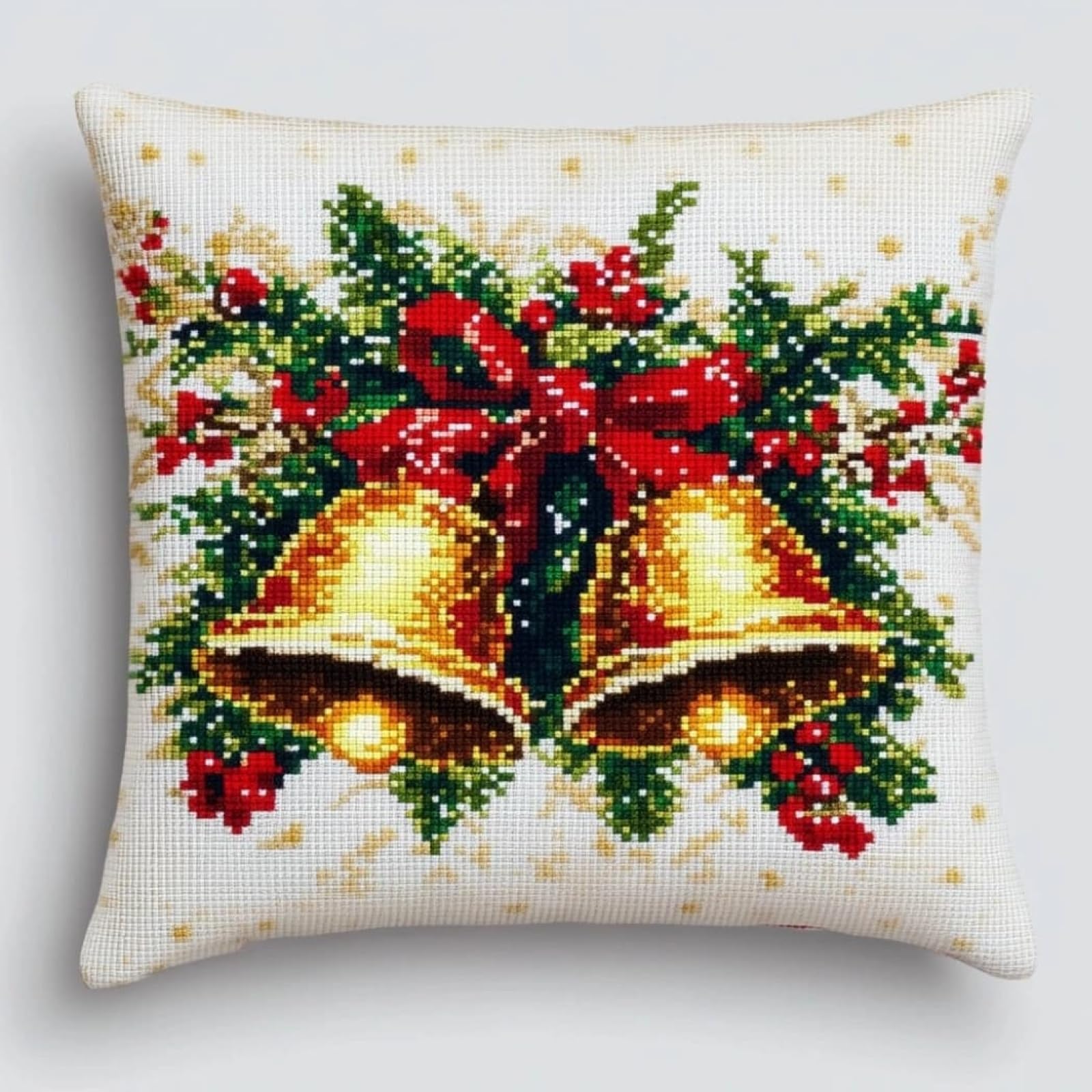WallustrioaW Cross Stitch Kits,Cushion Kits Stamped Canvas,Christmas Bells DIY Embroidery Pillow Case,18x18in Cushion Covers for Living Room Sofa Throw Pillow Case