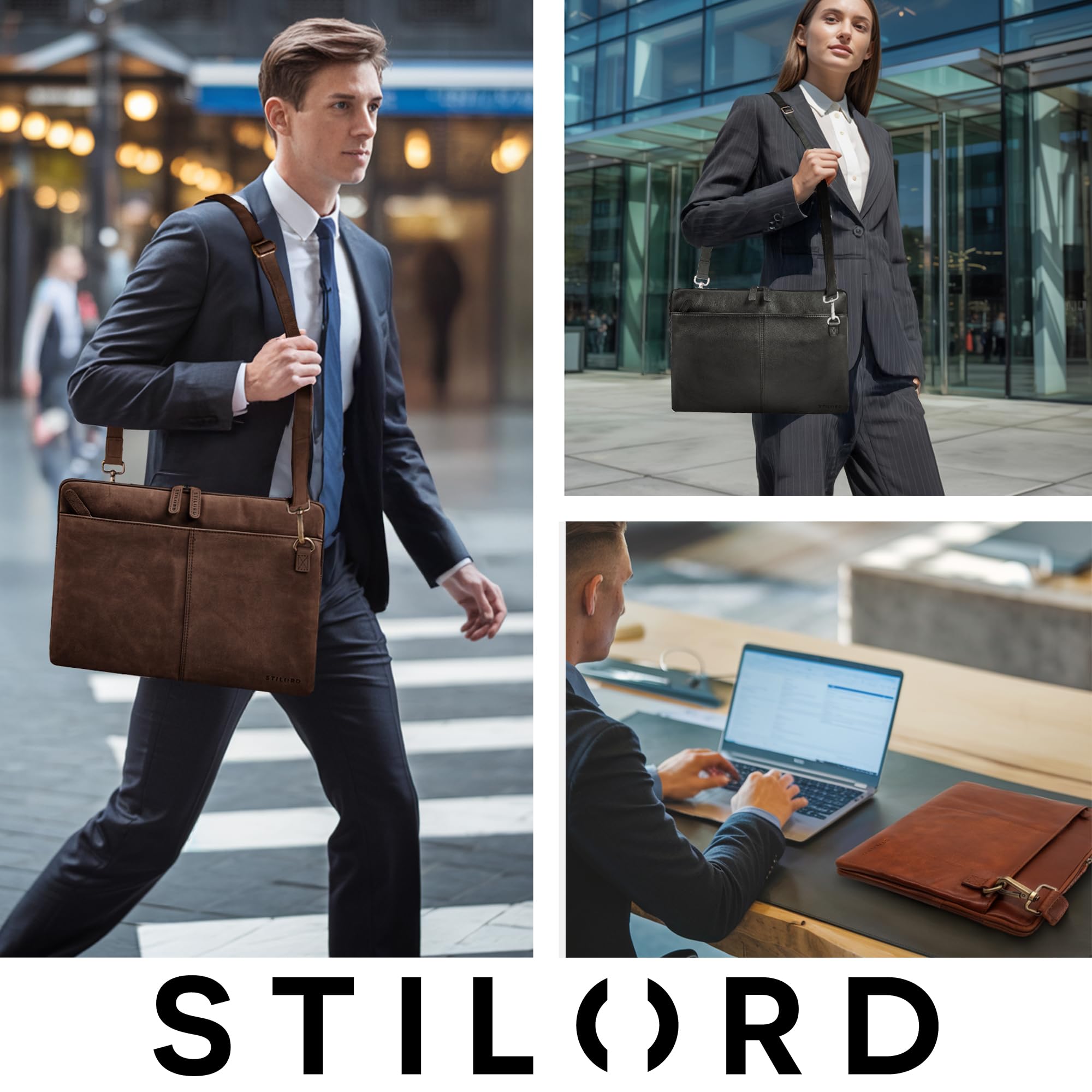STILORD "Graham Vintage Laptoptasche Leder Schwarz 15.6 Zoll Aktentasche Herren Damen Notebooktasche Echtleder Laptop Sleeve Schmale Umhängetasche mit Schultergurt