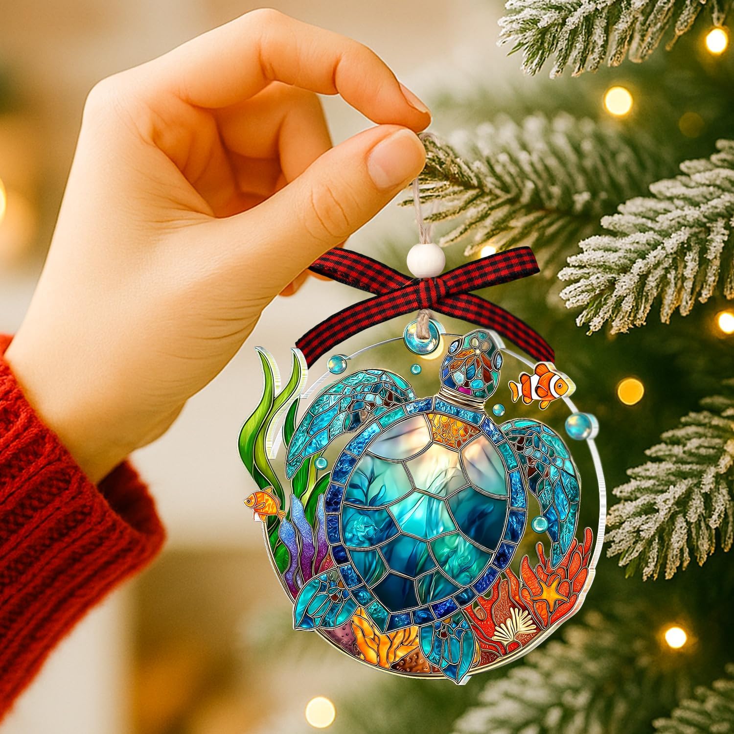 Sea Turtle Ornament – Turtle Ornaments for Christmas Tree – Sea Turtle Gifts for Women – Beach Christmas Ornaments for Tree – Ocean Gifts – Acrylic Faux Stained Glass Ornament - Image 4