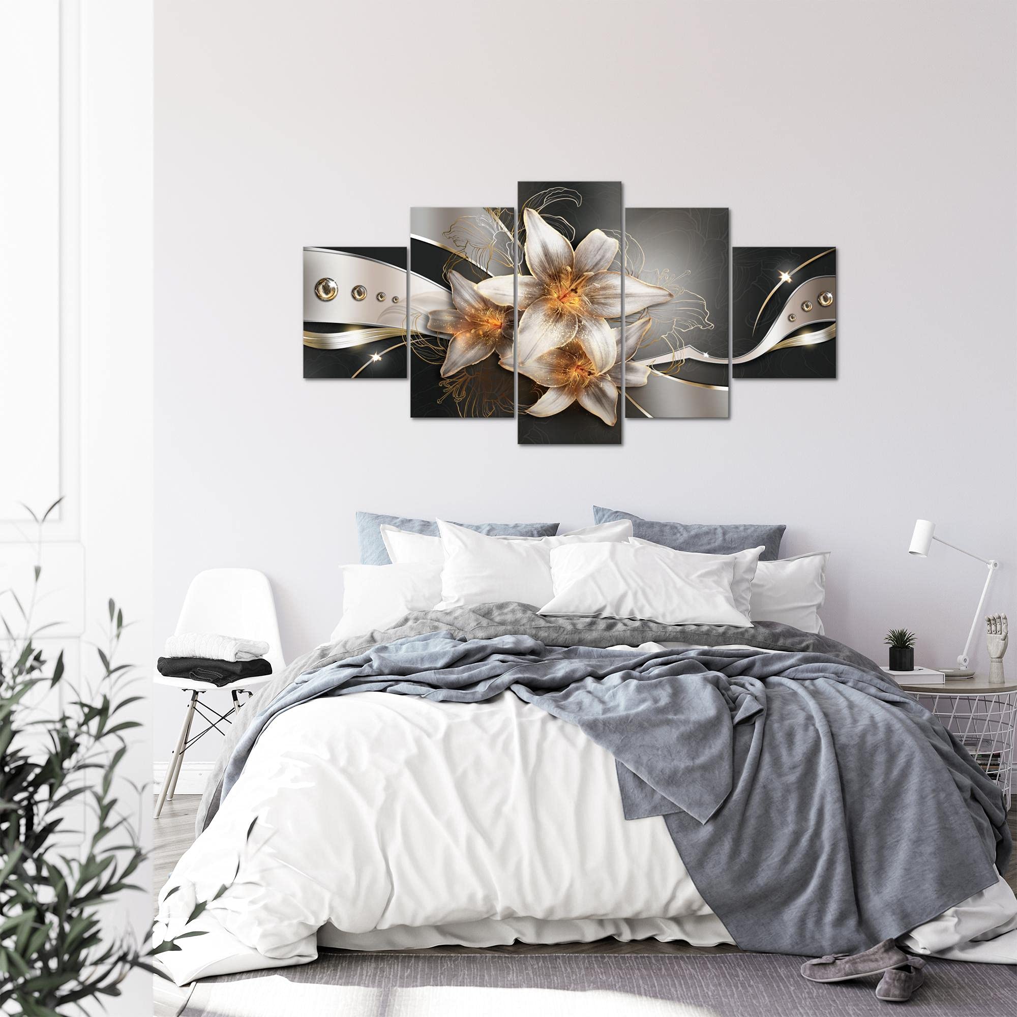 Runa Art - Bilder Blumen Lilien 200 x 100 cm 5 Teilig XXL Wanddekoration Design Gelb Gold 039651a