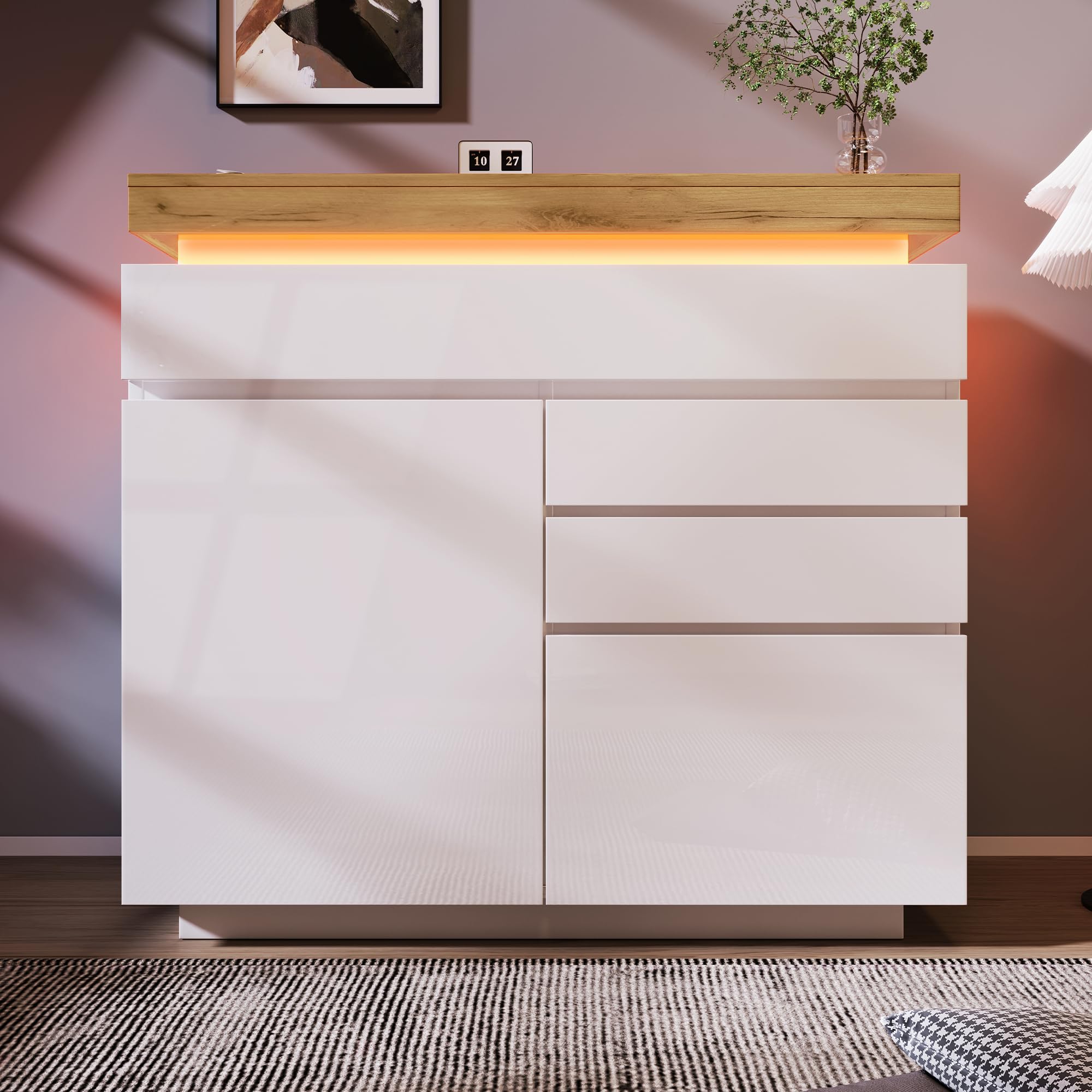 ModernLuxe LED Sideboard Cabinet Chest of Drawers High-Gloss Sideboard Storage 2 Doors & 3 Drawers,Adjustable Shelves,Modern Storage Unit for Living Room & Bedroom, 115x110x39 cm, White โ image 1