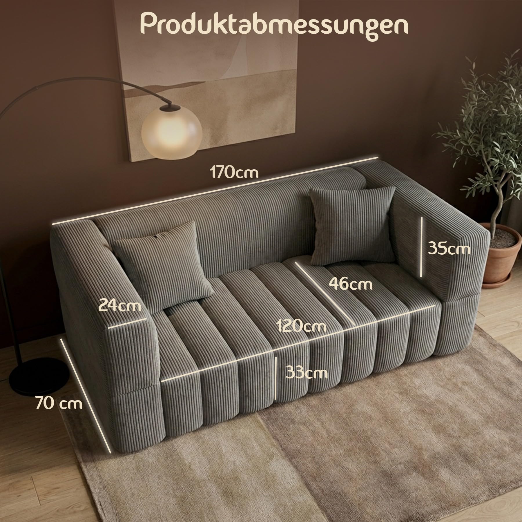 RUMMY 2-Sitzer Sofa aus Cord, kompaktes Bodensofa mit weicher Schaumstoffpolsterung, rahmenlose Couch für Wohnzimmer, Schlafzimmer und Wohnung, Grau