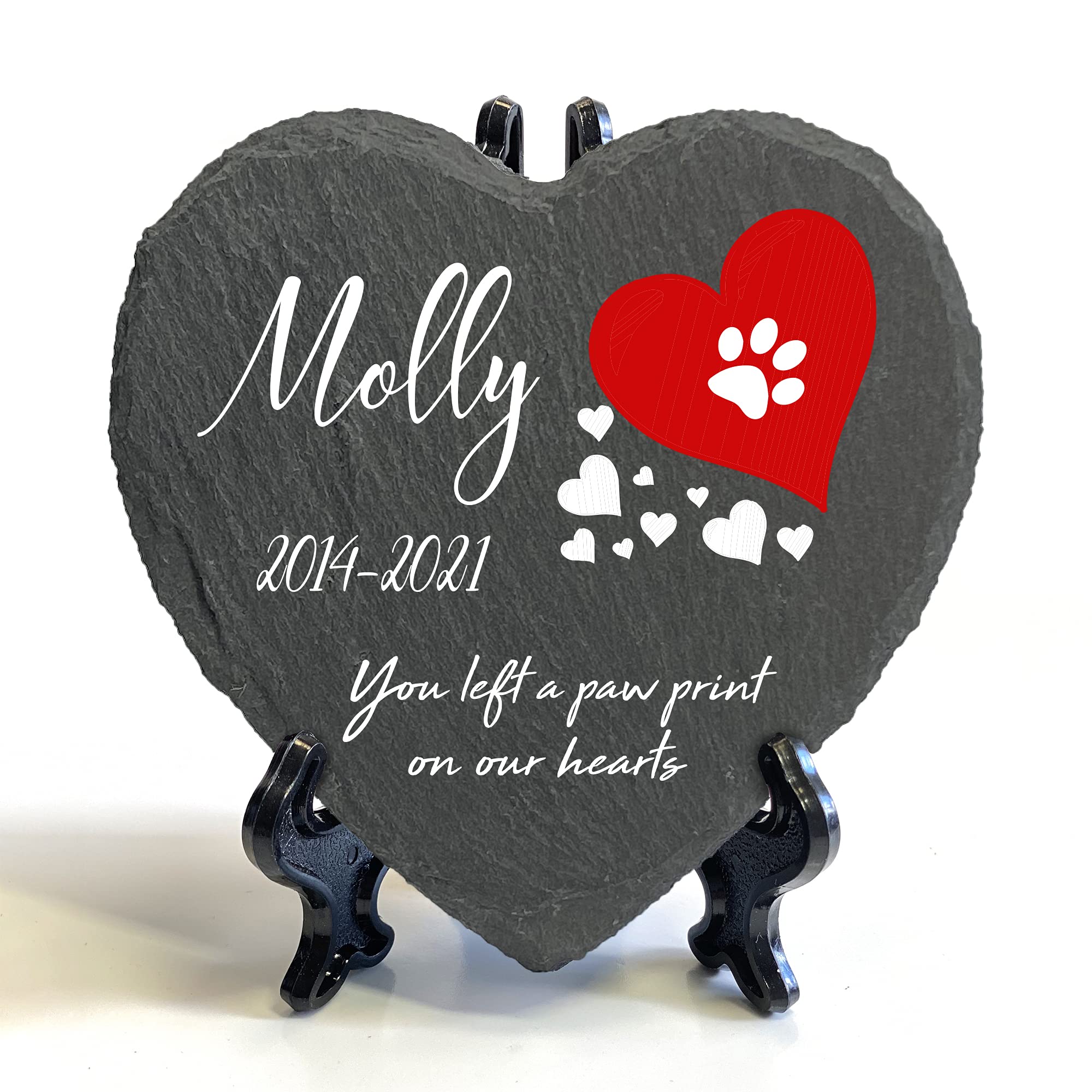 TULLUN Personalised Memorial Heart Shape Plaque + Black Stand For Pet Cat Dog Slate Stone Rock Frame Paw Grave Marker - Red Heart - Size | 4" x 4" or 10 x 10 cm |