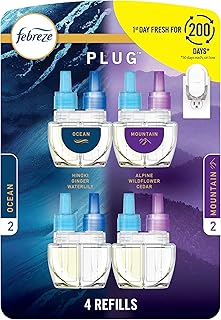 Plug In Air Freshener, Odor-Fighting Scented Oil Refill, Air Fresheners for Home and Bathroom and Kitchen, Long Lasting for Strong Odors, Ocean & Mountain Scents, 0.87oz Refills, 4 Count