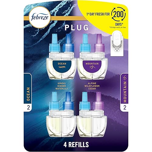 Febreze Plug In Air Freshener, Odor-Fighting Scented Oil Refill, Air Fresheners for Home and Bathroom and Kitchen, Long Lasting for Strong Odors, Ocean & Mountain Scents, 0.87oz Refills, 4 Count