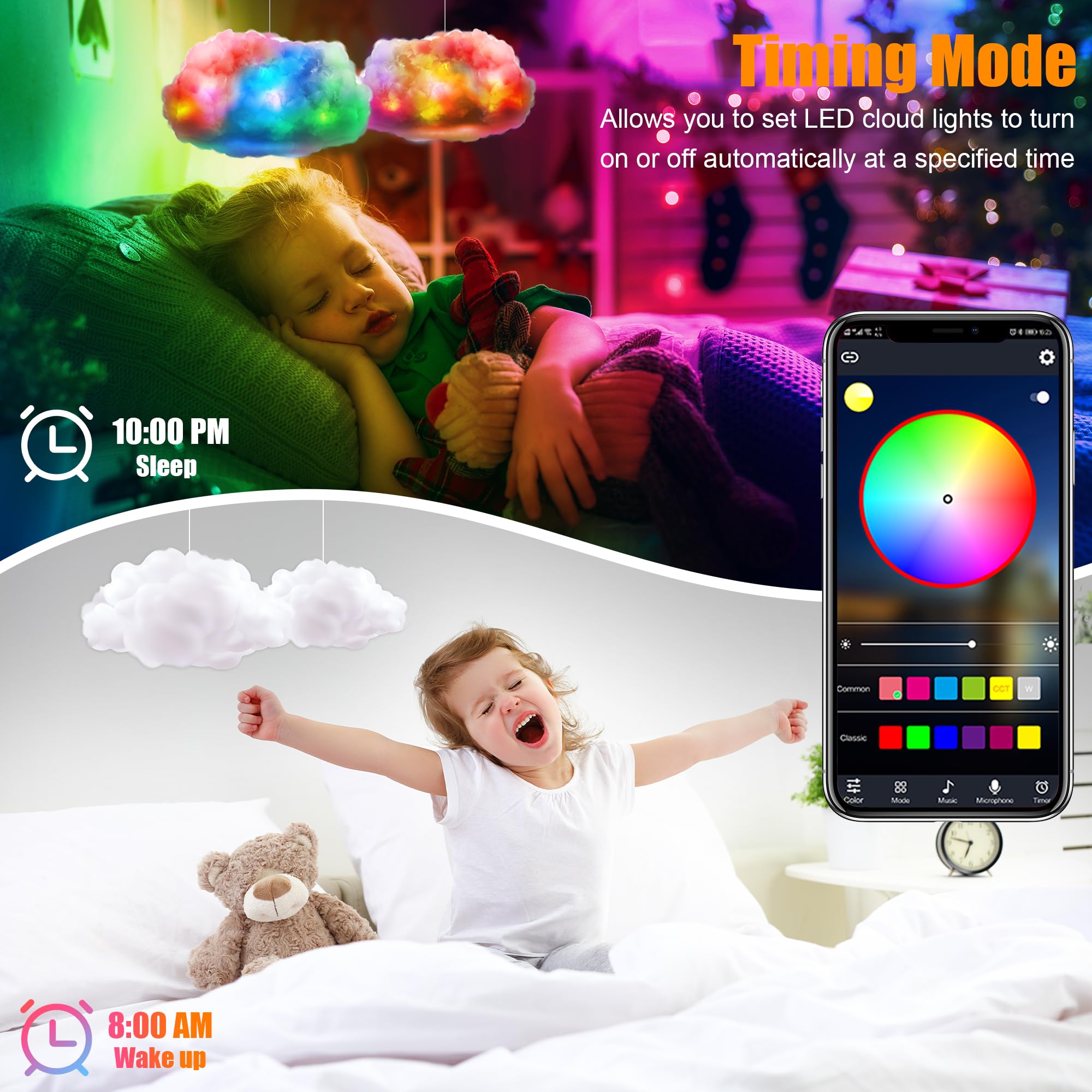 Wolkenlicht, 3 RGB-Lichter mit IC-Fernbedienung und Steuerungs-App, Kaltbeleuchtung, Musiksynchronisation, Farbwechsel, LED-Leuchten für Schlafzimmer