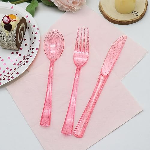 Miniatura 5 de Paquete de 150 cubiertos de plástico, juego de utensilios de plástico, cubiertos de plástico rosa, 50 tenedores rosas, 50 cuchillos rosados, 50