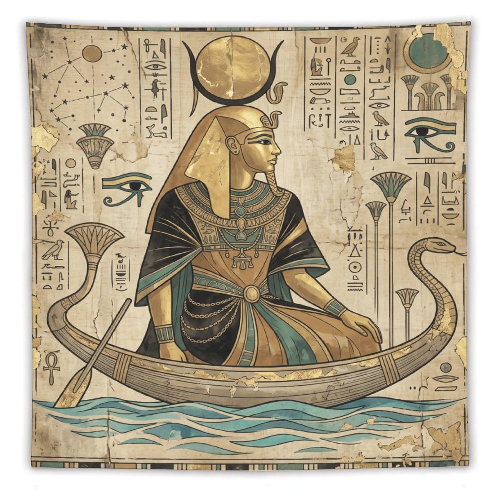 W7C8U2X3 Egyptian Queen Boat Wall Tapestry, Egyptian Papyrus Style, Bedroom