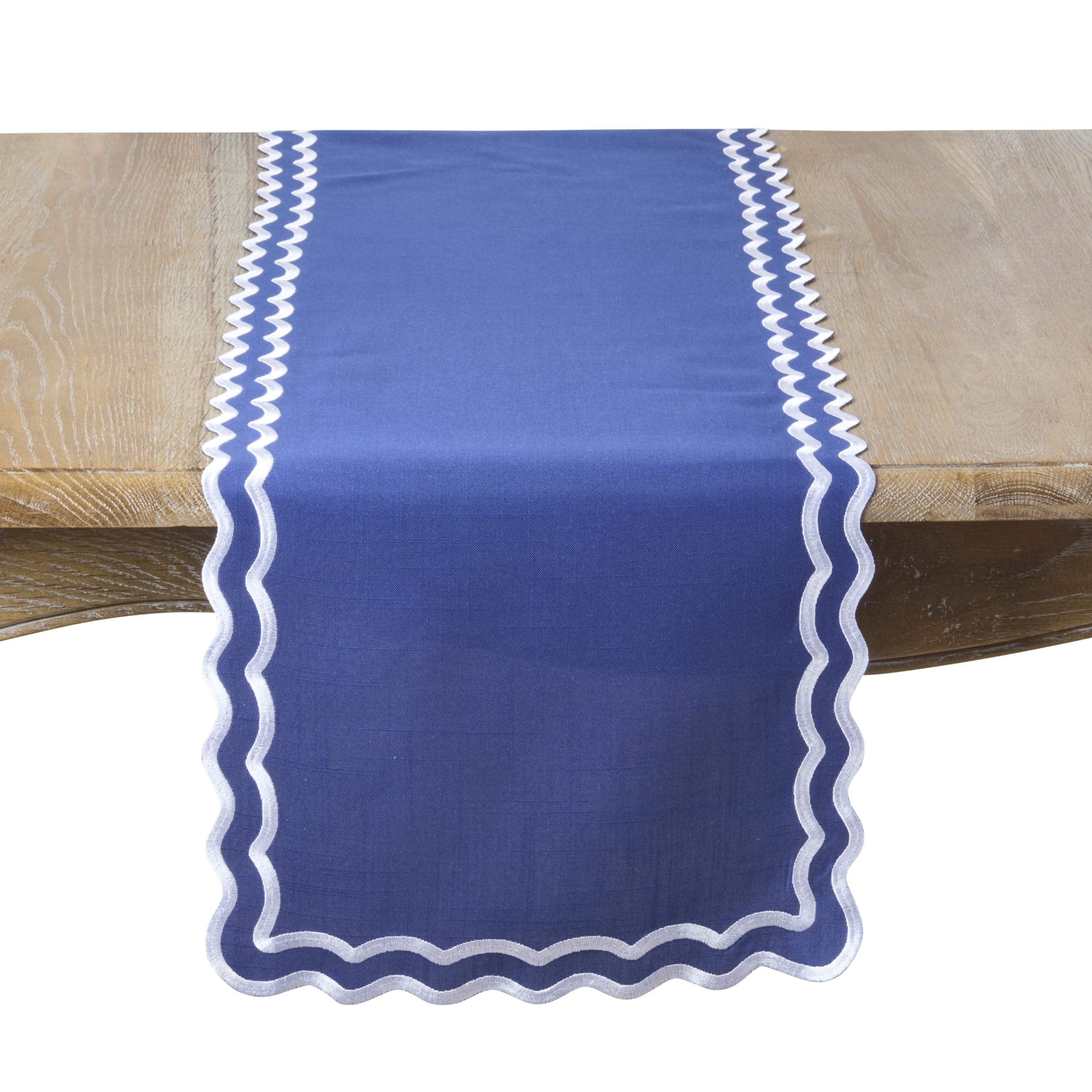SARO Lifestyle Camino de Mesa con Borde Festoneado, Elegante Camino de Mesa para Uso Diario con Bordes festoneados Bordados para mesas de Comedor y Entretenimiento Moderno, 16 x 72 Pulgadas, Azul
