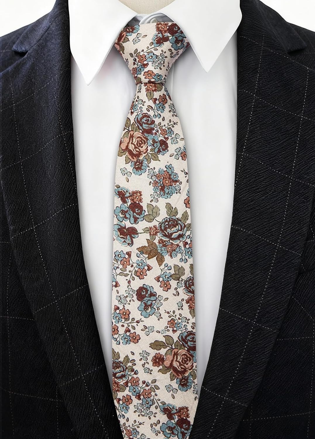 Barry.Wang Cotton Floral Ties for Men 2.76" Men's Printed Skinny Tie Extra Long Flower Necktie Clip Sets Wedding Party
