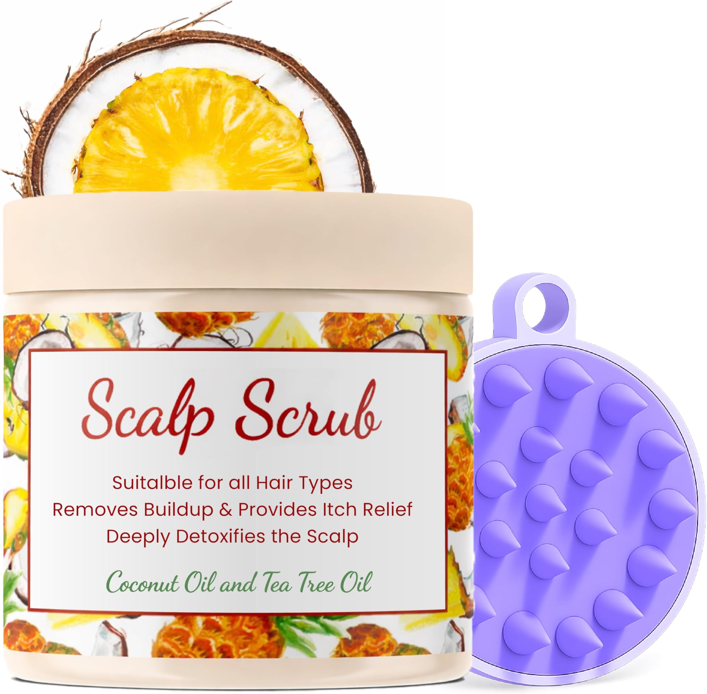 CalmGrace Exfoliating Scalp Scrub in Bigger Size with Silicone Brush | Fortified with Dead Sea Salt, Tea Tree Oil, Coconut Oil & Vitamin C, E | Detox Hair Care Set for Dandruff & Itchy Scalp