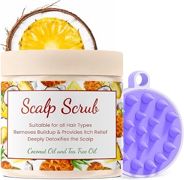 CalmGrace Exfoliating Scalp Scrub in Bigger Size with Silicone Brush | Fortified with Dead Sea Salt, Tea Tree Oil, Coconut Oil & Vitamin C, E | Detox Hair Care Set for Dandruff & Itchy Scalp
