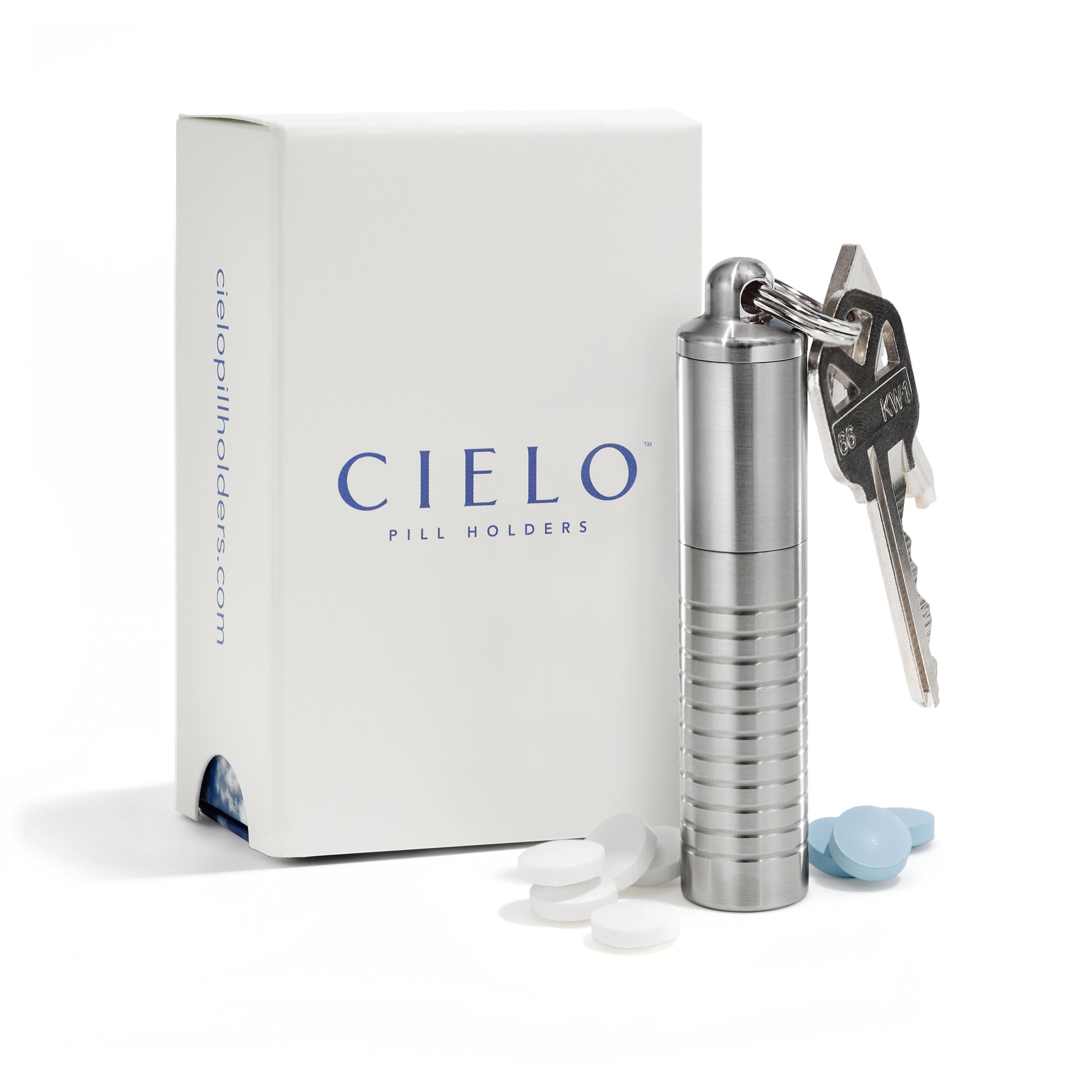 Cielo - Large Slim Dual Chamber Stainless Steel Pill Case Keychain Pill Holder for Medicine, Allergy Pills, Ibuprofen, & Aspirin-Made in The USA, Cielo's Pill Container Keychain Pill Fob is The Best!
