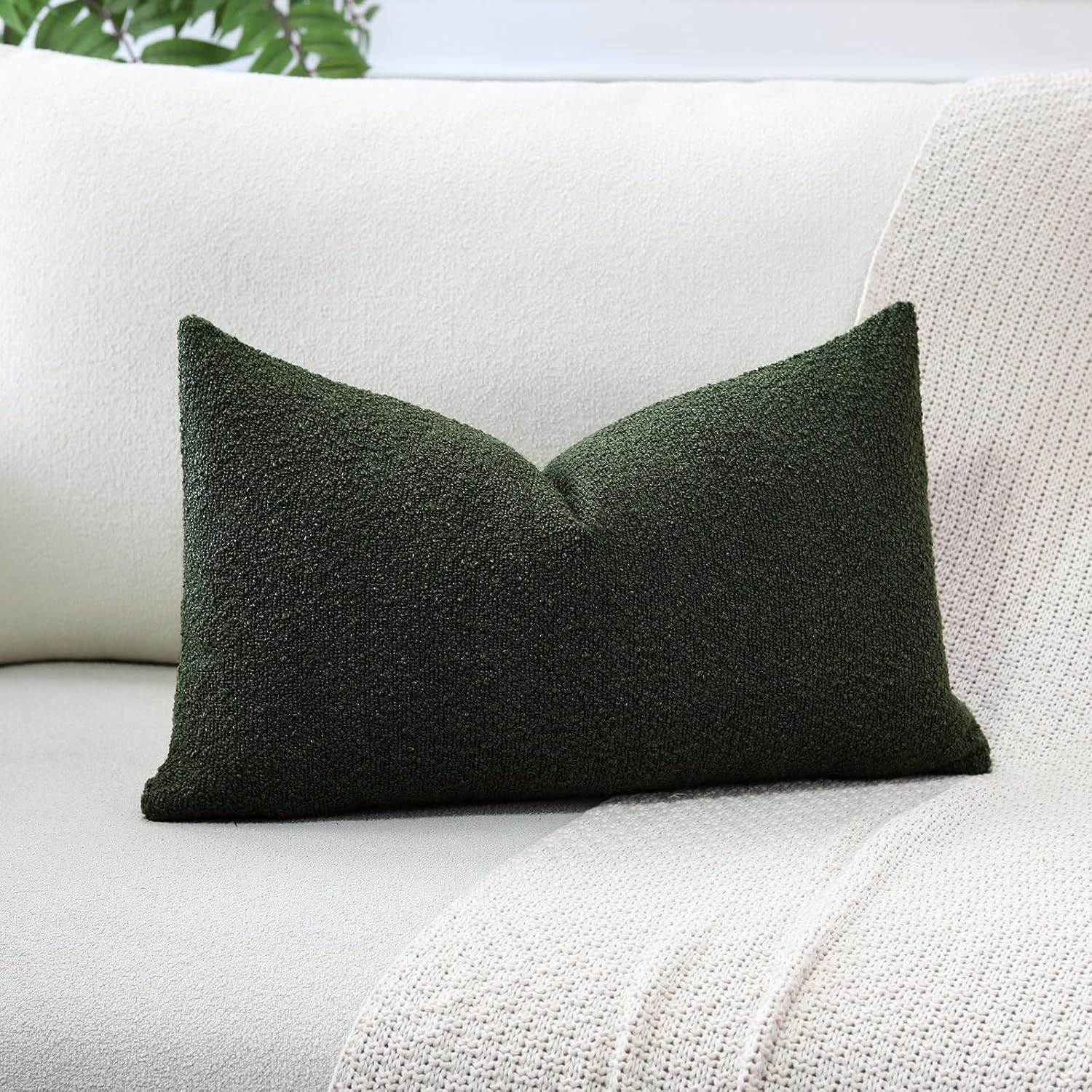 OTOSTAR Set of 1 Textured Boucle Throw Pillow Covers Lumbar Pillow Cases Cozy Soft Decorative Couch Cushion Case for Chair Sofa Bedroom Living Room Home Decor 16 x 24 Inch, Forest Green - Image 2