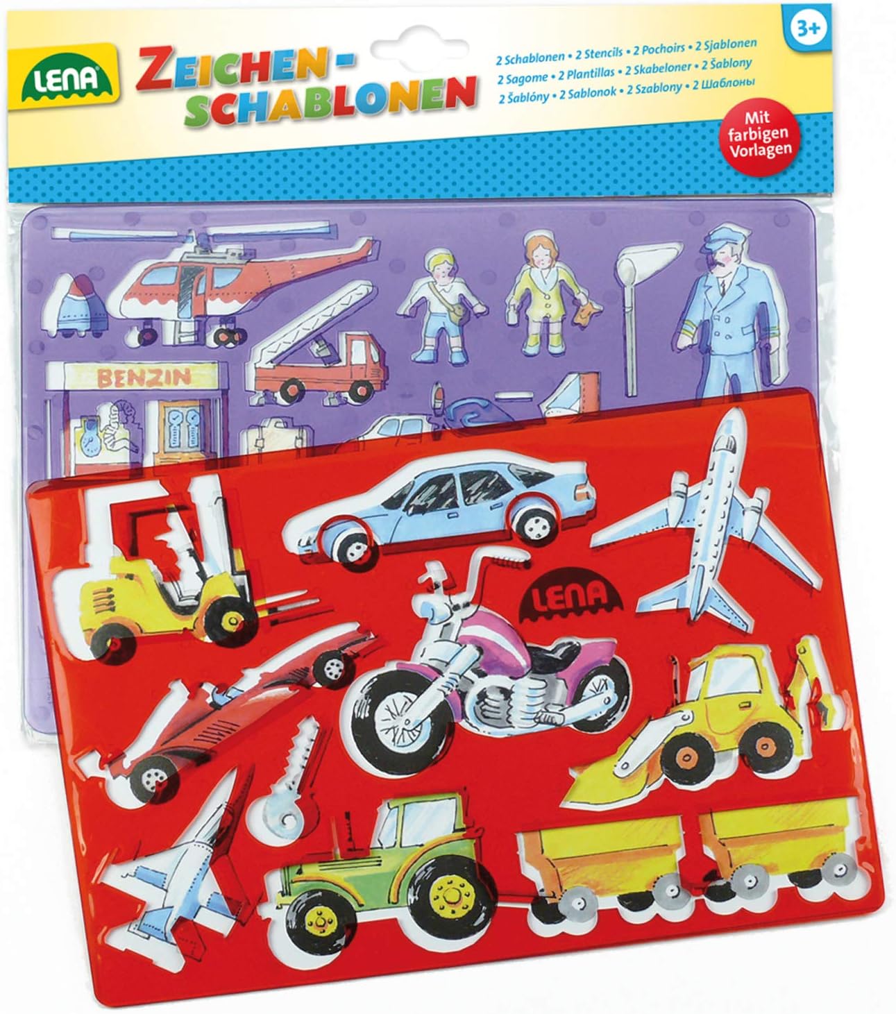 Lena 65773 - Stencil set Vehicles and People, 2 stencils and colour samples of vehicles and people, painting stencils, each approx. 26 x 19 cm, painting set for children from 3 years of age, multicoloured