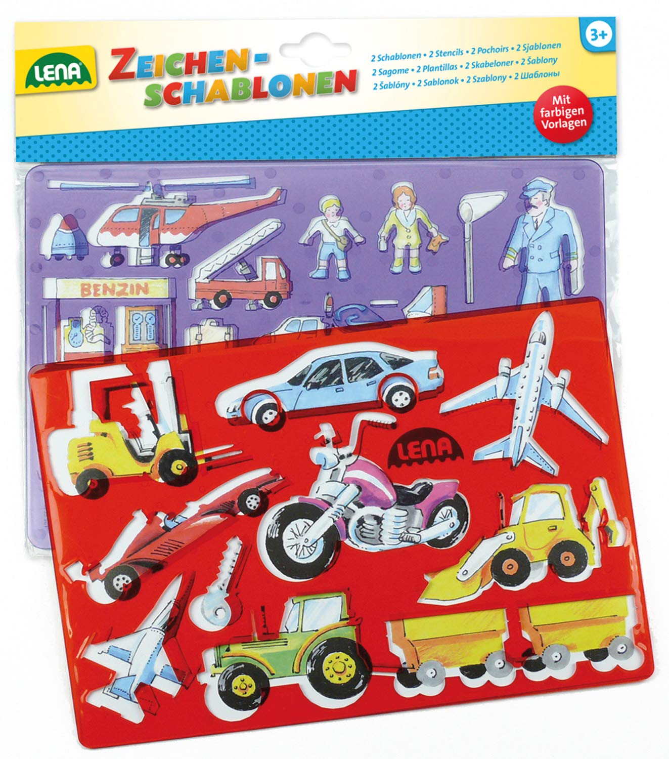 Lena 65773 - Stencil set Vehicles and People, 2 stencils and colour samples of vehicles and people, painting stencils, each approx. 26 x 19 cm, painting set for children from 3 years of age, multicoloured