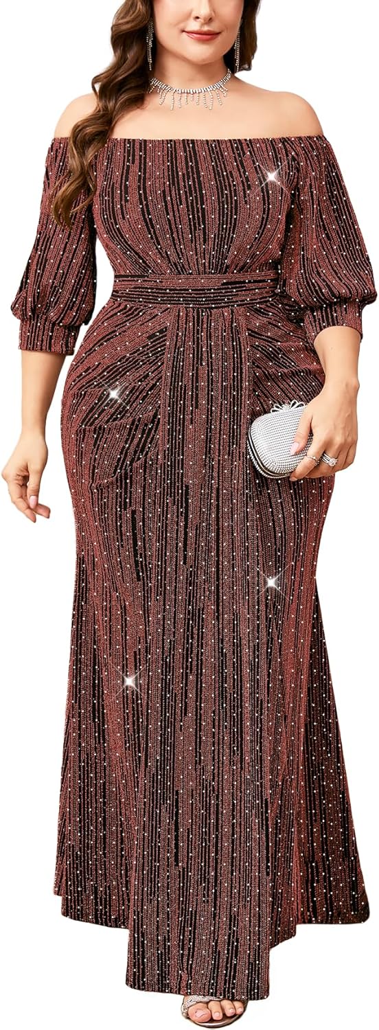 TIARALY Plus Size Sparkly Formal Dress Off Shoulder Puff Sleeve Mermaid Maxi Dresses Cocktail Wedding Party Evening Gown