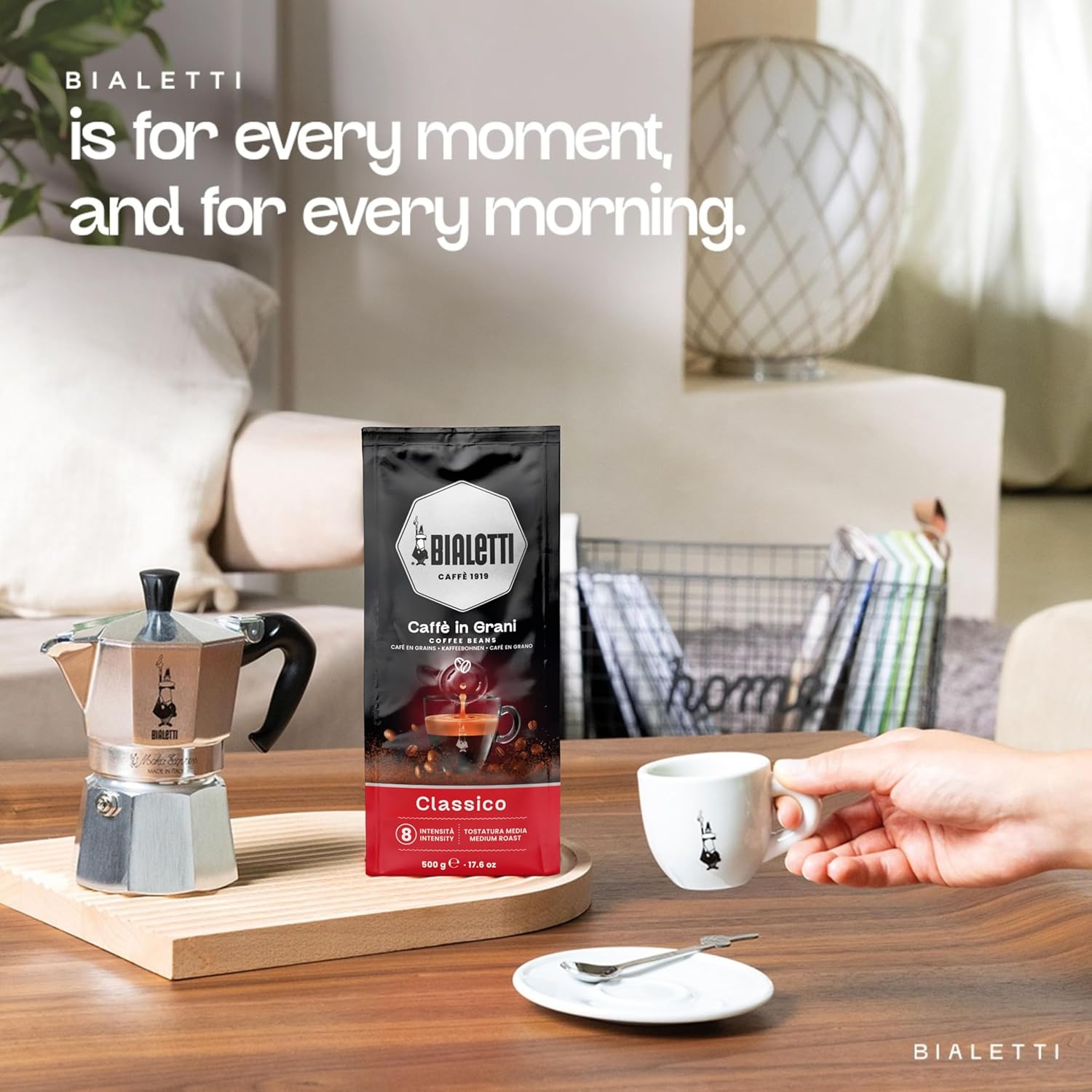 Bialetti Classico Coffee Beans, 500g Bag - Medium Roast Intensity 8, 50% Arabica 50% Robusta Whole Bean Blend - Sweet Floral & Dried Fruit Notes For Espresso, Cappuccino & Latte Machines & Moka Pots