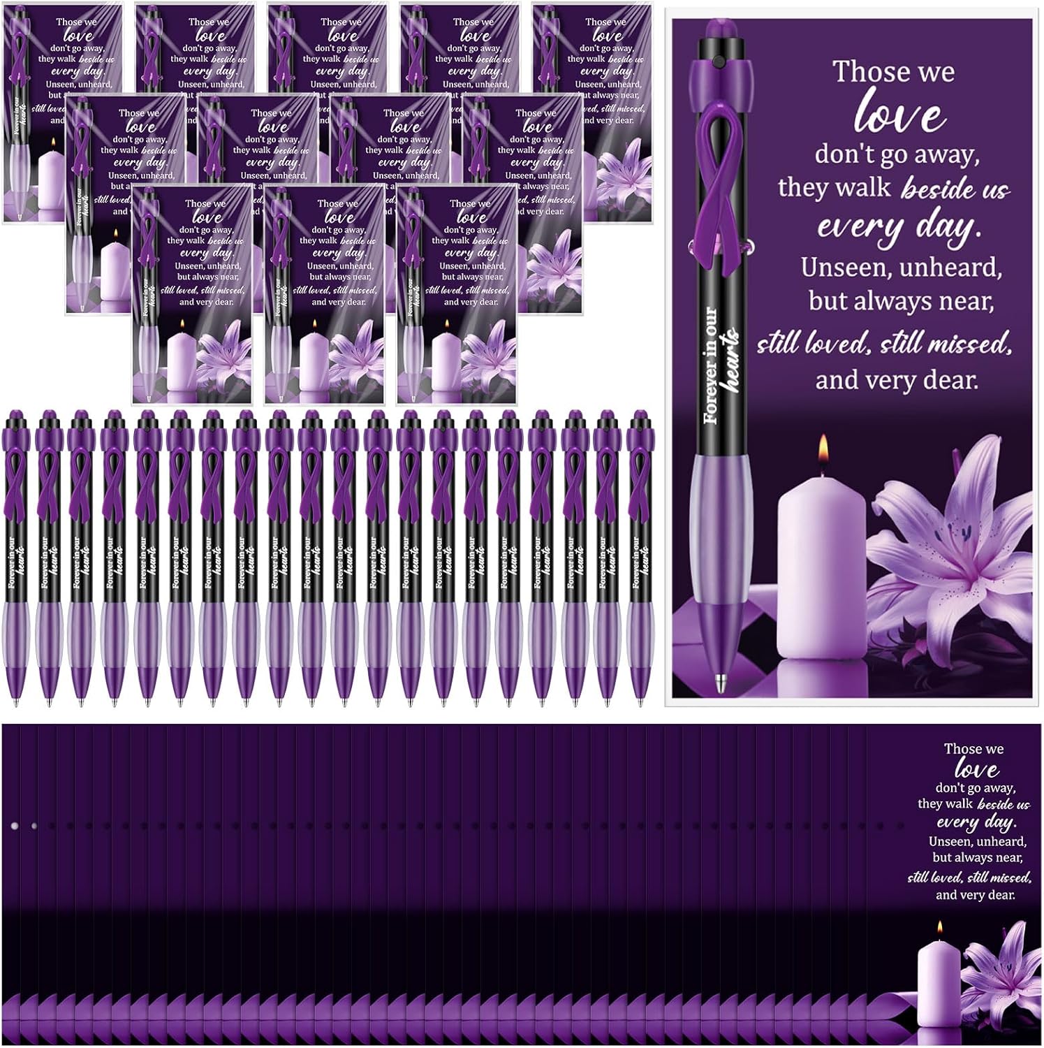 120 Set Memorial Funeral Favor for Guest Thank You Set-120 Funeral Ballpoints and Prayer Cards, 200 Opp Bags & 100 Twist Ties, Sympathy Gift for Memorial Service Mourning Event Purple Ribbon Awareness