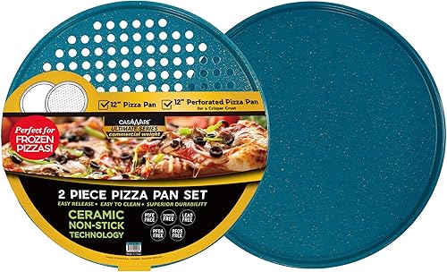 casaWare Juego de 2 sartenes para pizza de 12 pulgadas, antiadherentes, con revestimiento de cerámica, (1) sólido, (1) perforado (granito azul)