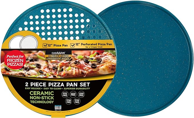 casaWare 2pc Ultimate Pizza Pan Set, (1) Ceramic Coated NonStick 12-inch Pizza Pan, (1) 12-inch Ceramic Coated NonStick Perforated Pizza Pan (Blue Granite)