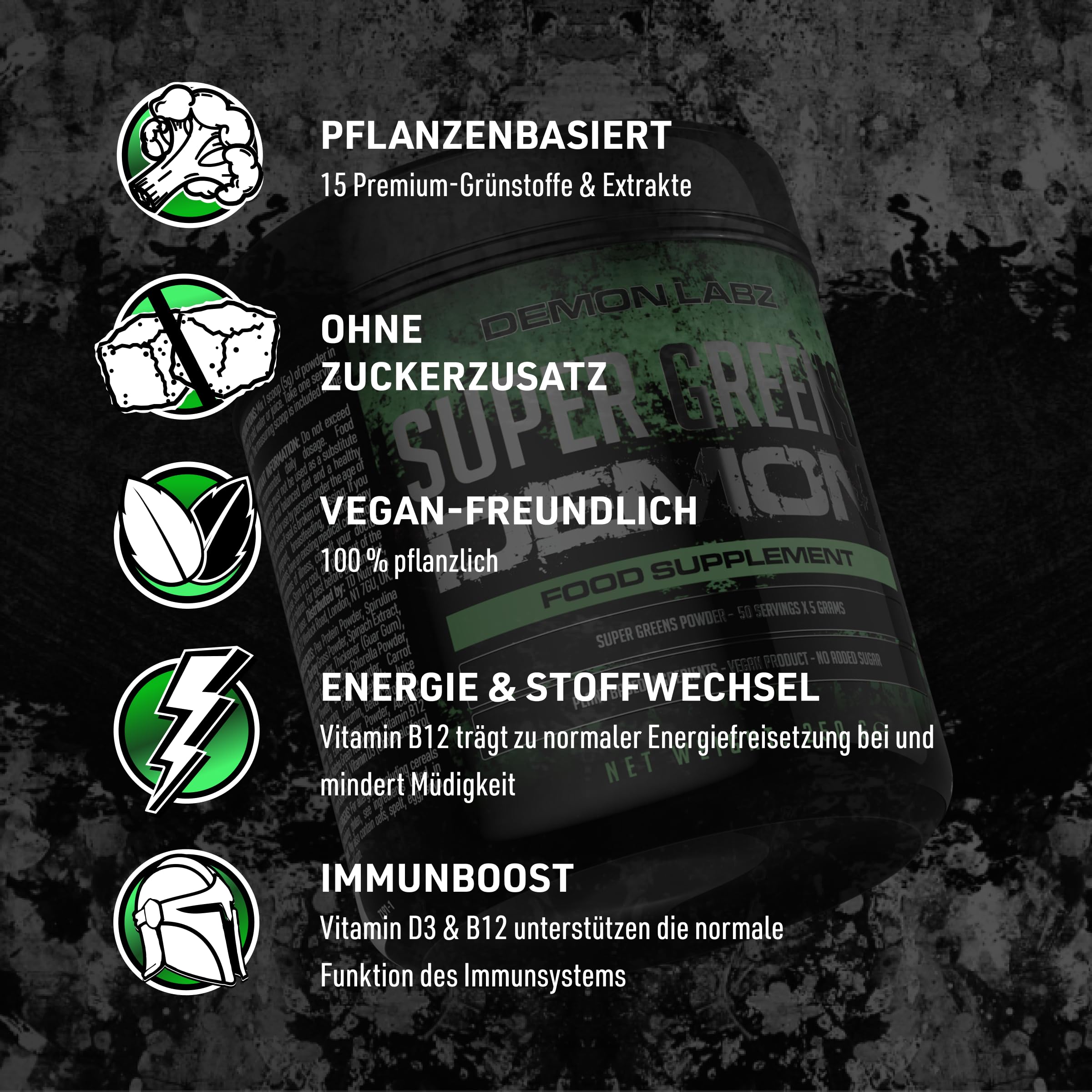 Super Greens Demon - Vollgepackt mit Gemüse und Superfoods, Vegan & Vegetarierfreundlich, Superfood-Pulver, Smoothiepulver gemischt in Deutschland ohne künstliche Zutaten (250g, 50 Portionen)