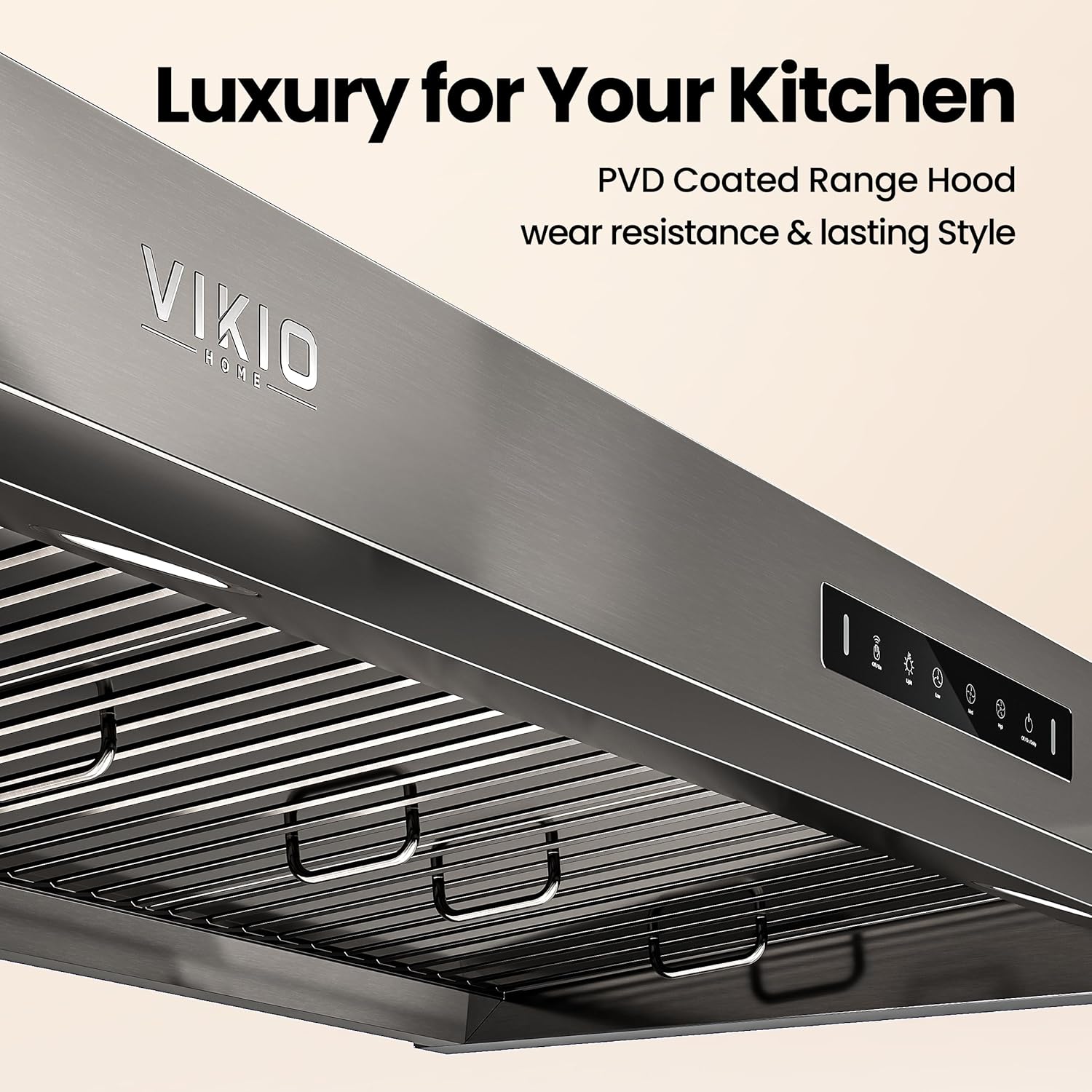 VIKIO HOME 30 inch Range Hood Stainless Steel(PVD), Black Stove Hood with 1200 CFM with 1.5 Sones Quiet,3 Speed Exhaust Fan Hood Vents for Kitchen,Under Cabinet Range Hood with GU10 LED Lights