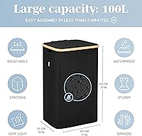 Vista 3 de Cesta de lavandería Lonbet con tapa, fabricada con tela transpirable Cestas estéticas para ropa con asas laterales y marco de bambú resistente