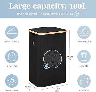 LONBET 100L Laundry Basket with Lid and Sturdy Bamboo Frame - Aesthetic Laundry Hamper with Side Handles and Made from Breathable Fabric - Laundry Bin with Removable Bag, Clothes Basket Black