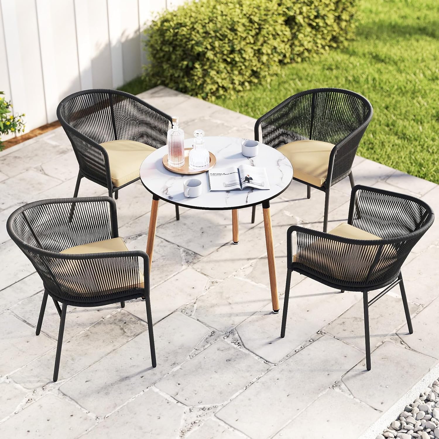 HAPPYGRILL Patio Chairs Set of 4, Upholstered Accent Chairs with Curved Backrest, Cushion, Wide Seat & Armrests, Adjustable Foot Pads, Modern Dining Chair for Patio, Backyard (Black)
