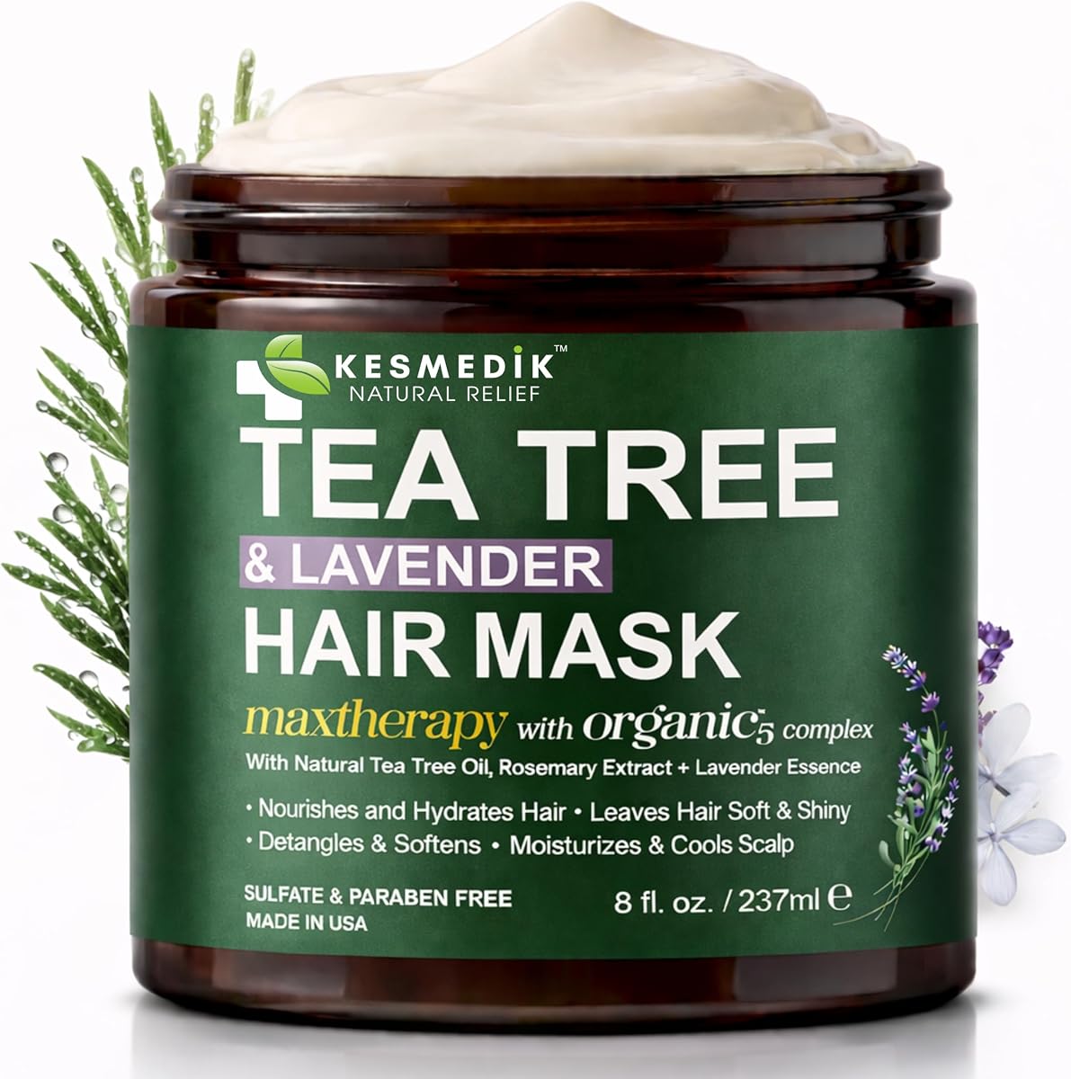 Tea Tree Hair Mask with Rosemary & Lavender, Deep Conditioning Treatment for Dry, Damaged, Coarse Hair, Hydrating Hair Mask with Itchy Scalp Relief, Men & Women, Sulfate-Free