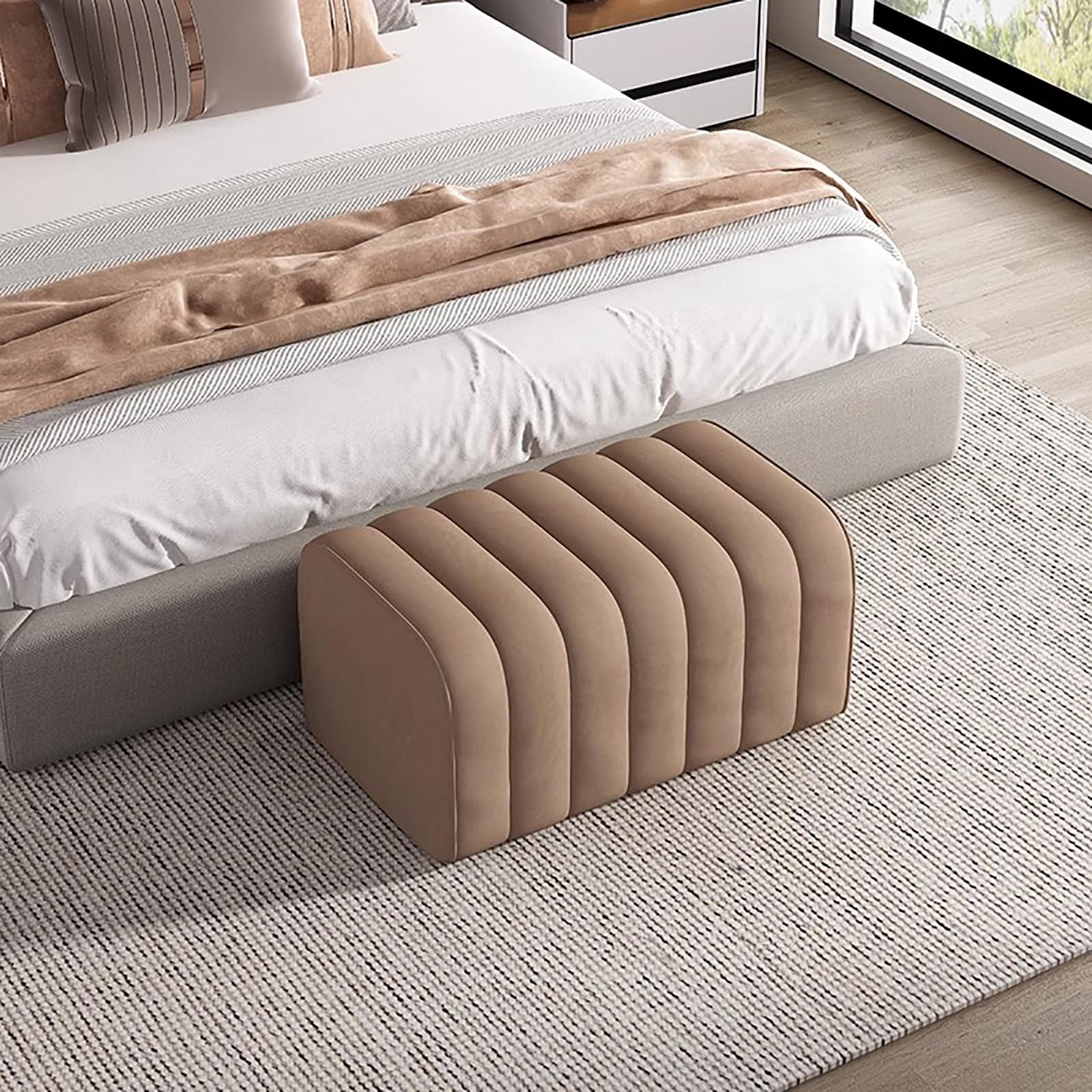 Banco de terciopelo para pie de cama moderno y elegante